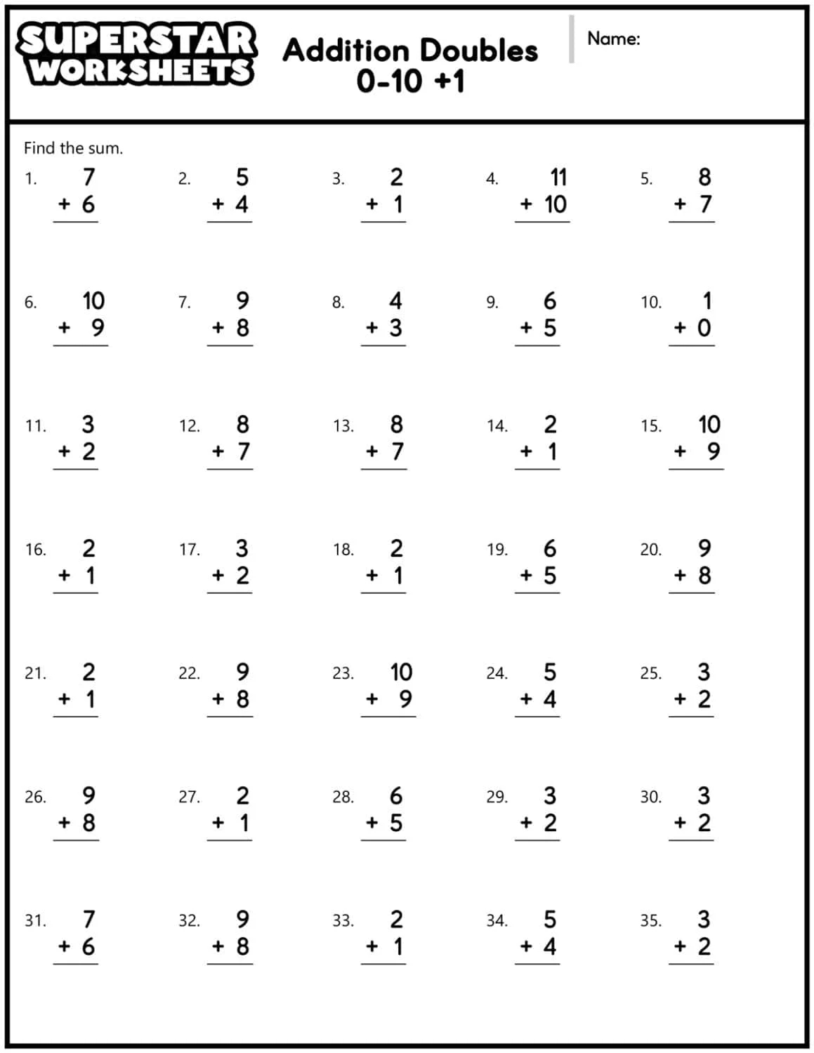 Addition Doubles Worksheets Superstar Worksheets