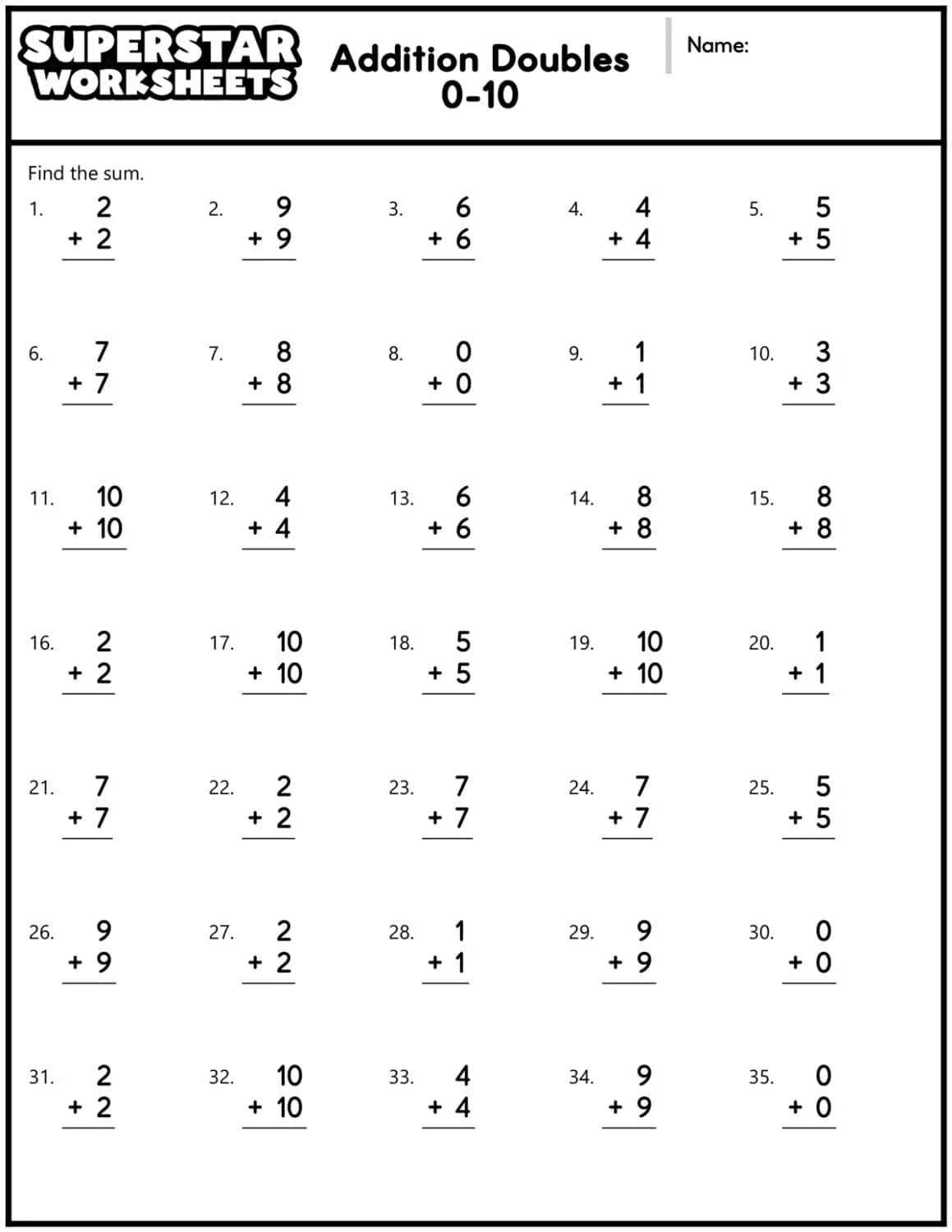 Addition Doubles Worksheets Superstar Worksheets