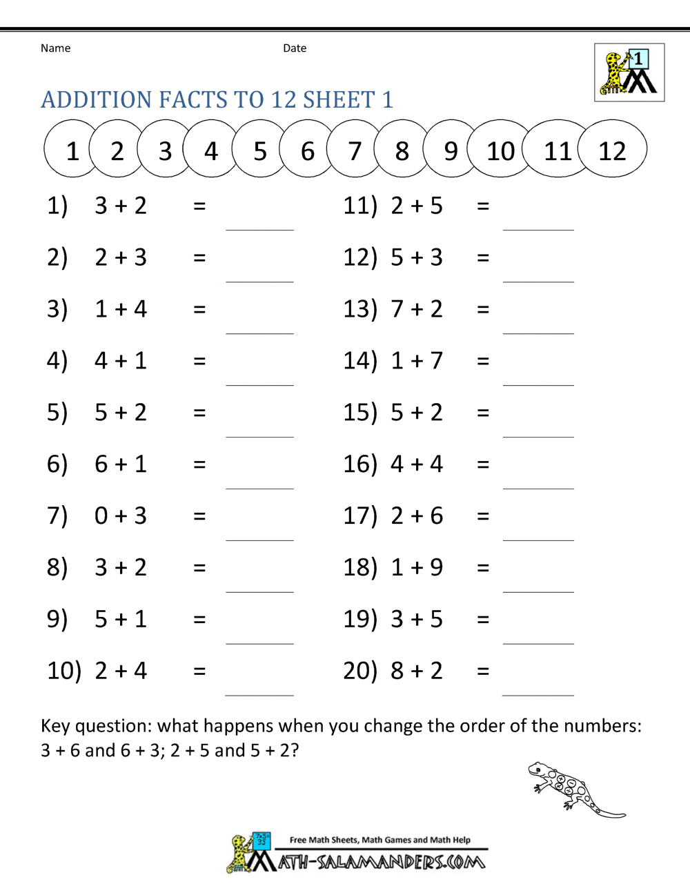 Addition Facts To 20 Worksheets