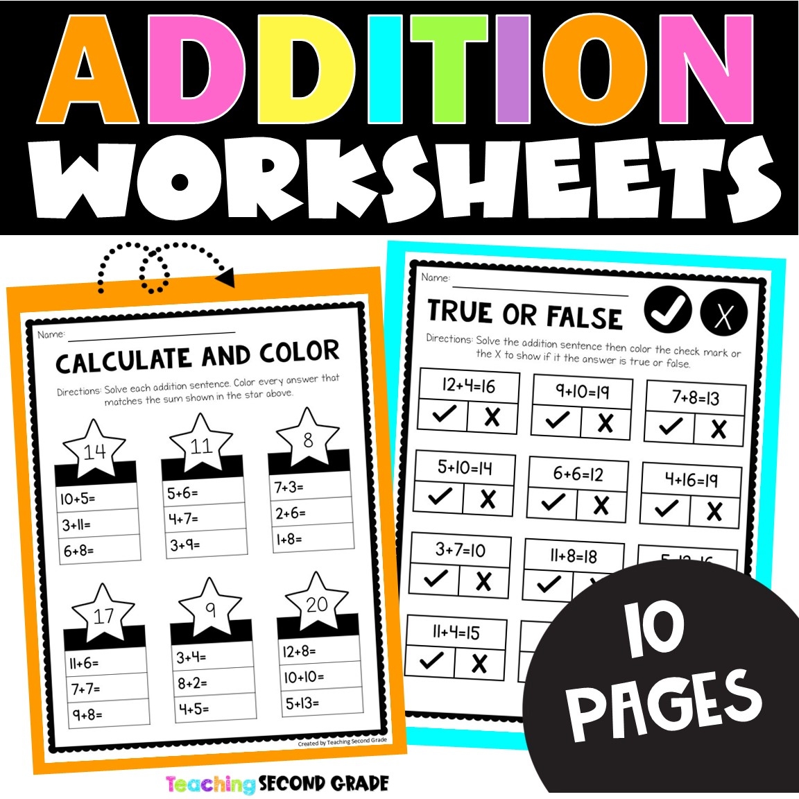 Addition Facts To 20 Worksheets Fun No Prep Math Worksheets For 1st 2nd Grade Teaching Second Grade