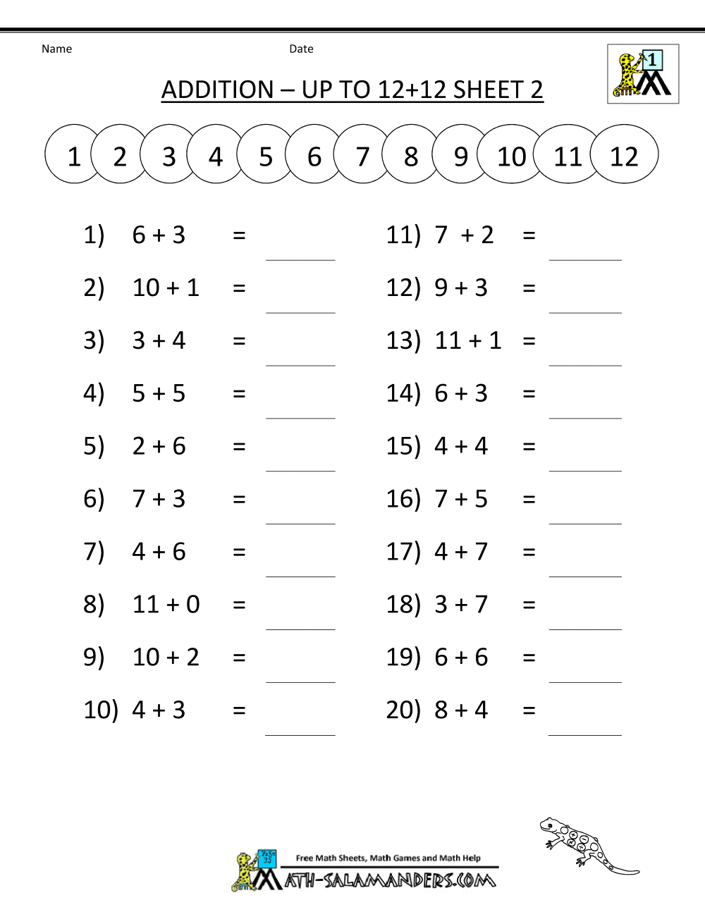 Addition math worksheets mental addition to 12 2 gif 1000 1294 First Grade Math