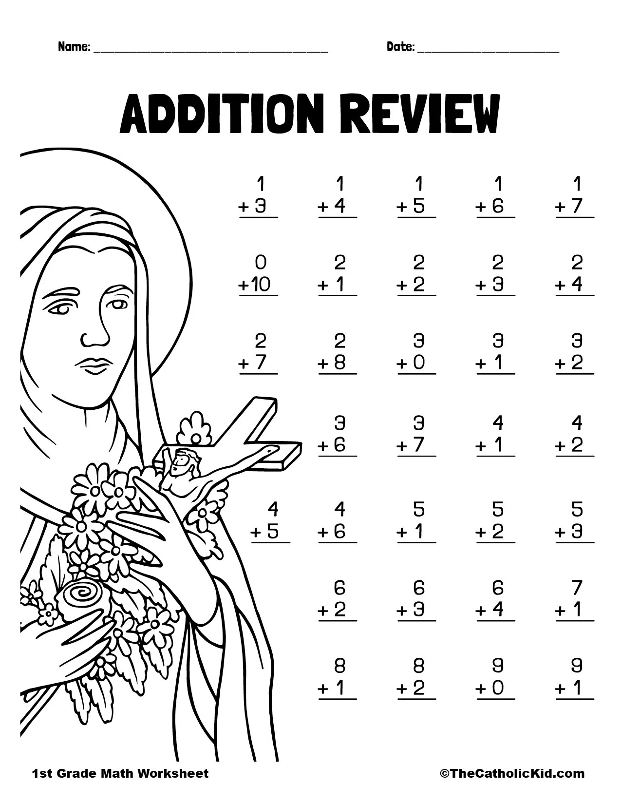 Addition Review Saint Therese 1st Grade Math Worksheet TheCatholicKid