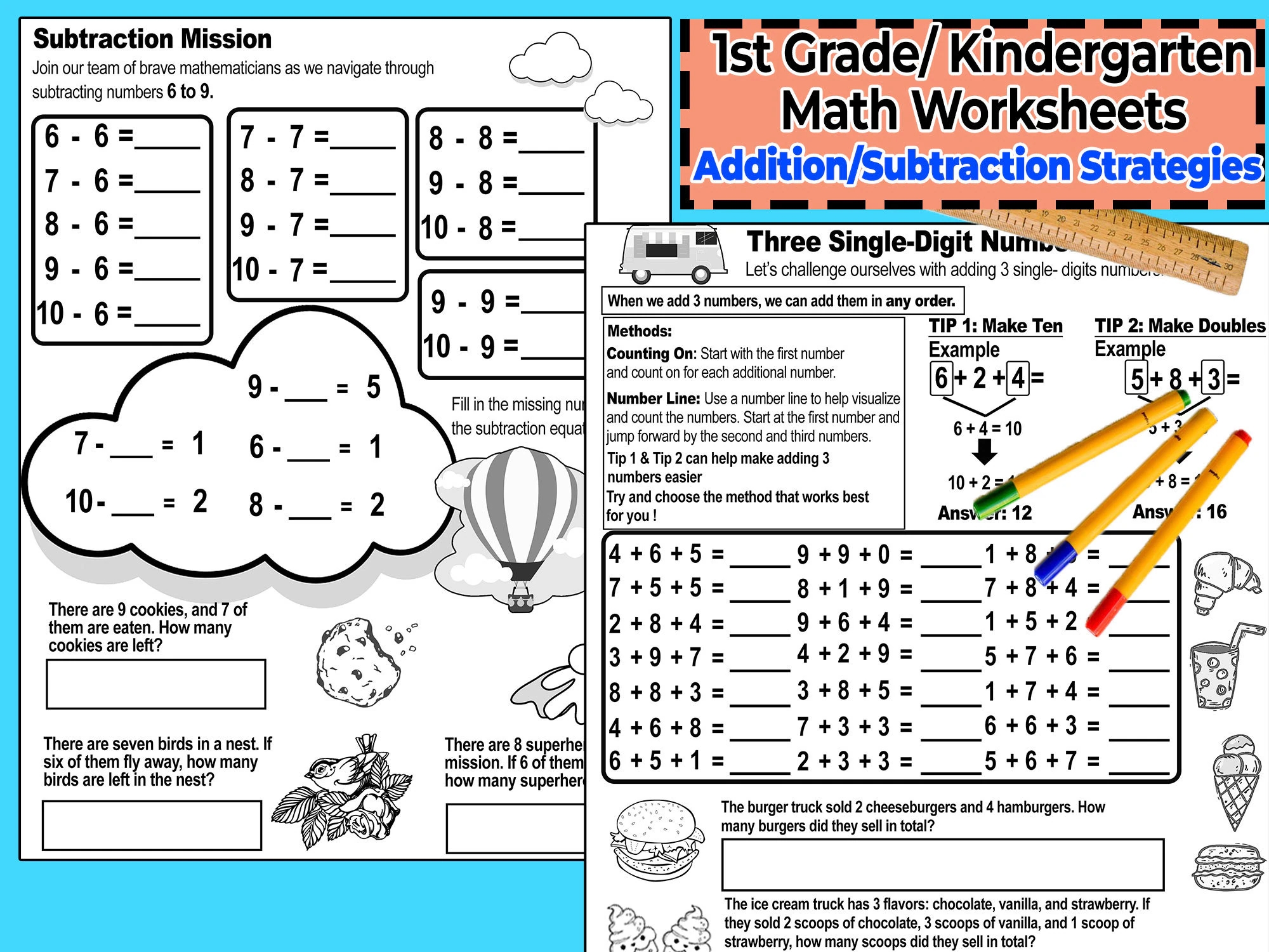 Addition Subtraction Strategy Math Worksheet First Grade Kindergarten Printable Practice Numberline Regrouping Kids Daycare Homeschool Etsy