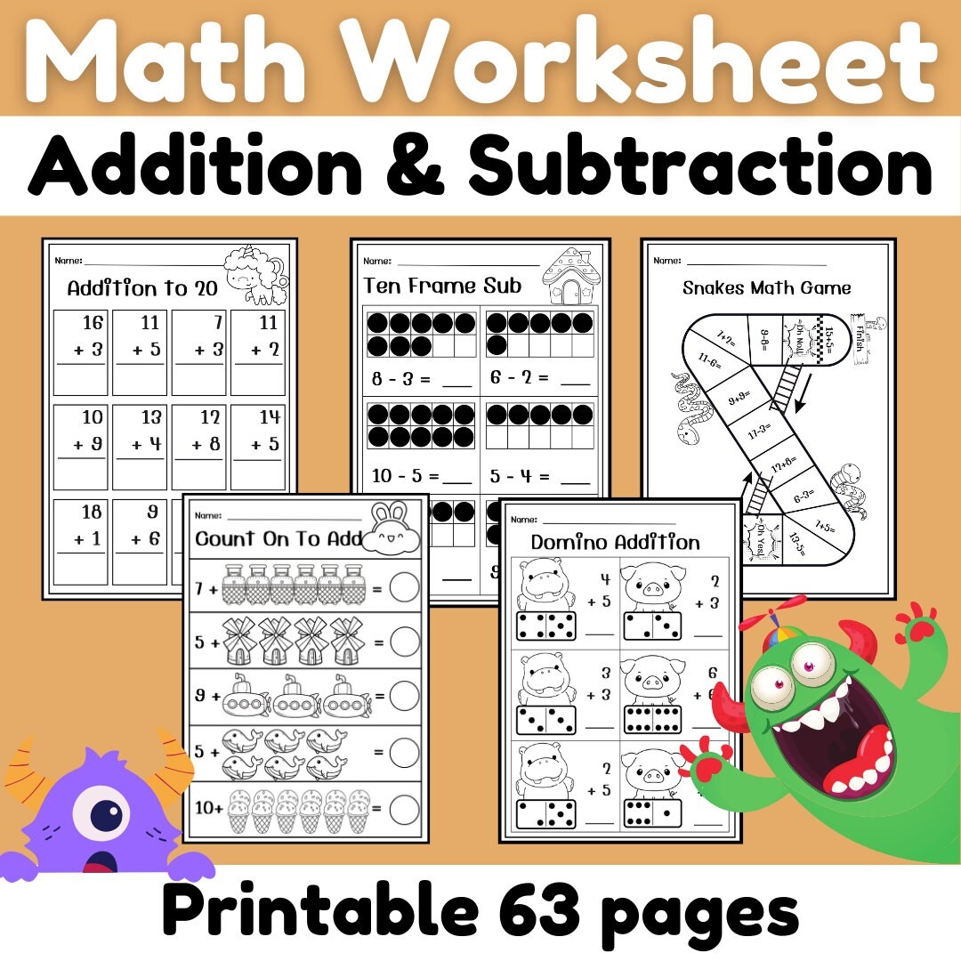 Addition Subtraction Worksheets Math Up To 20 printable Etsy