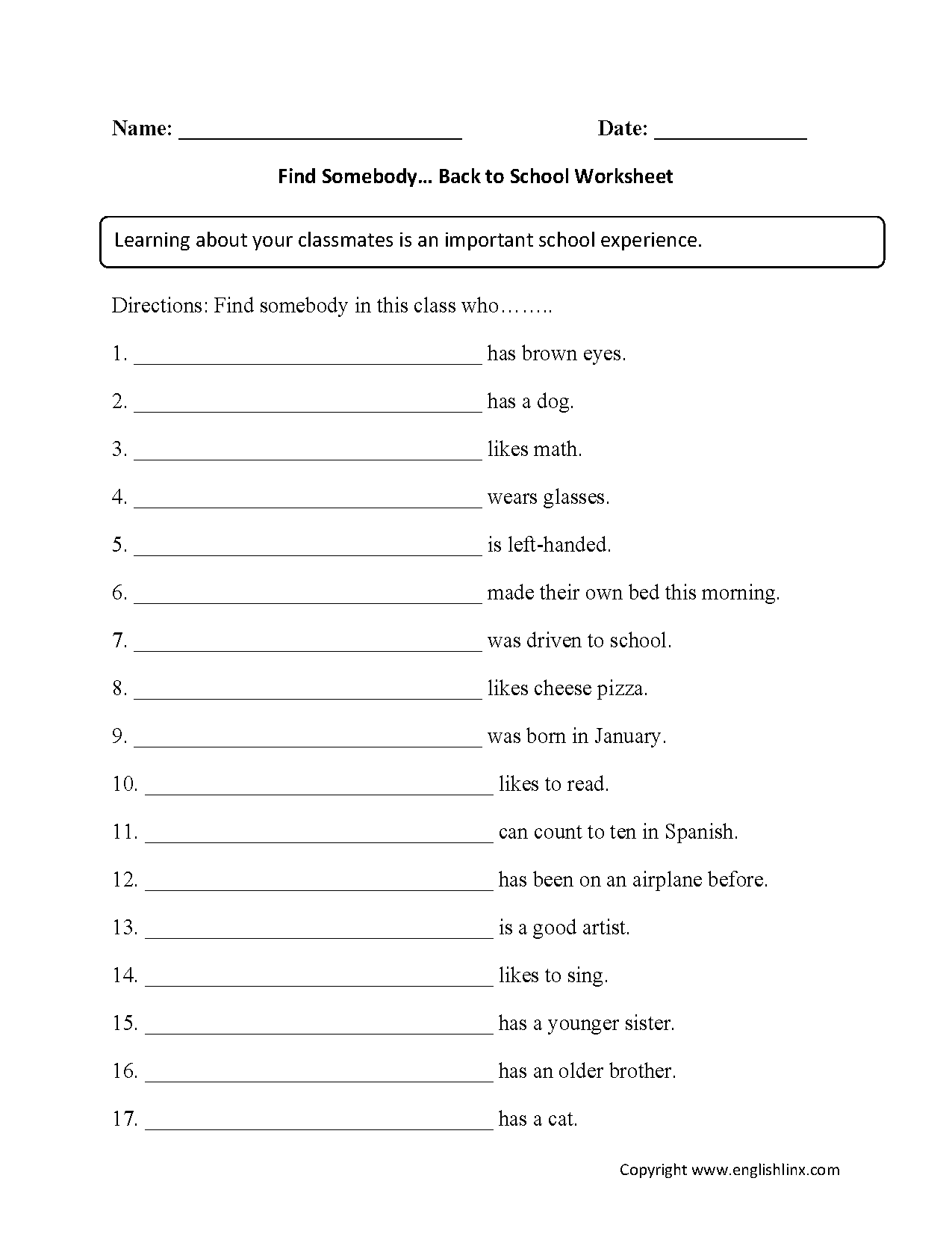 Back To School Worksheets Find Somebody Who Back To School Worksheets