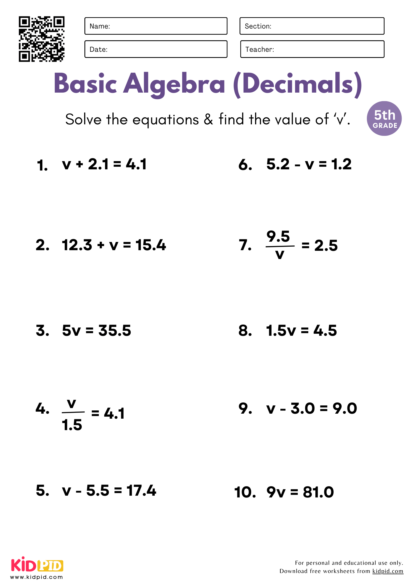 Basic Algebra With Decimals Worksheet For Grade 5 Kidpid