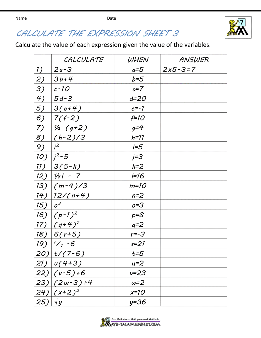 7th Grade Math Worksheets Printable Algebra