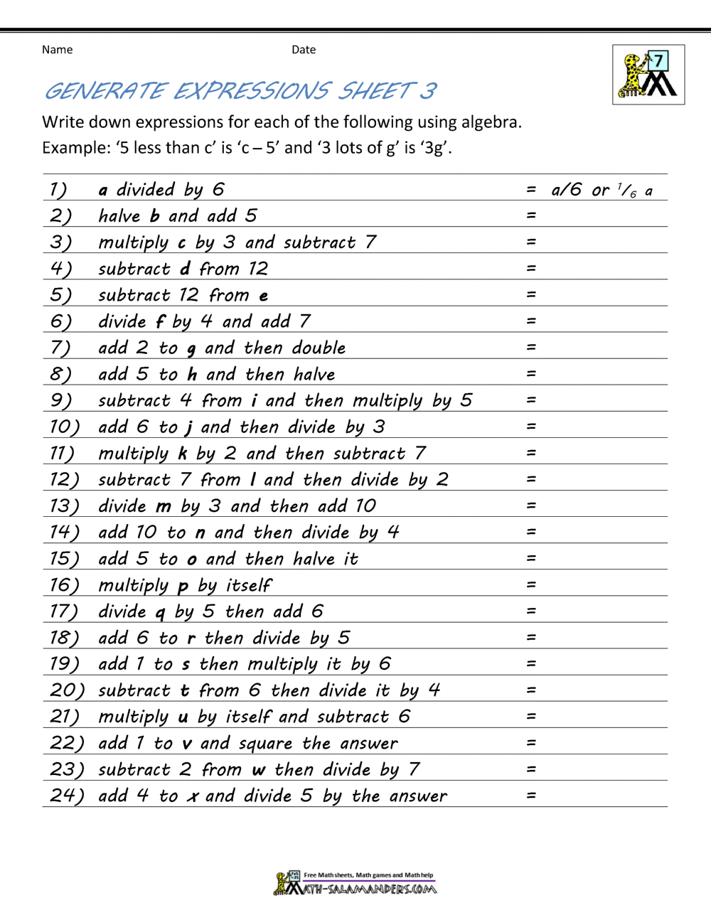 Basic Algebra Worksheets