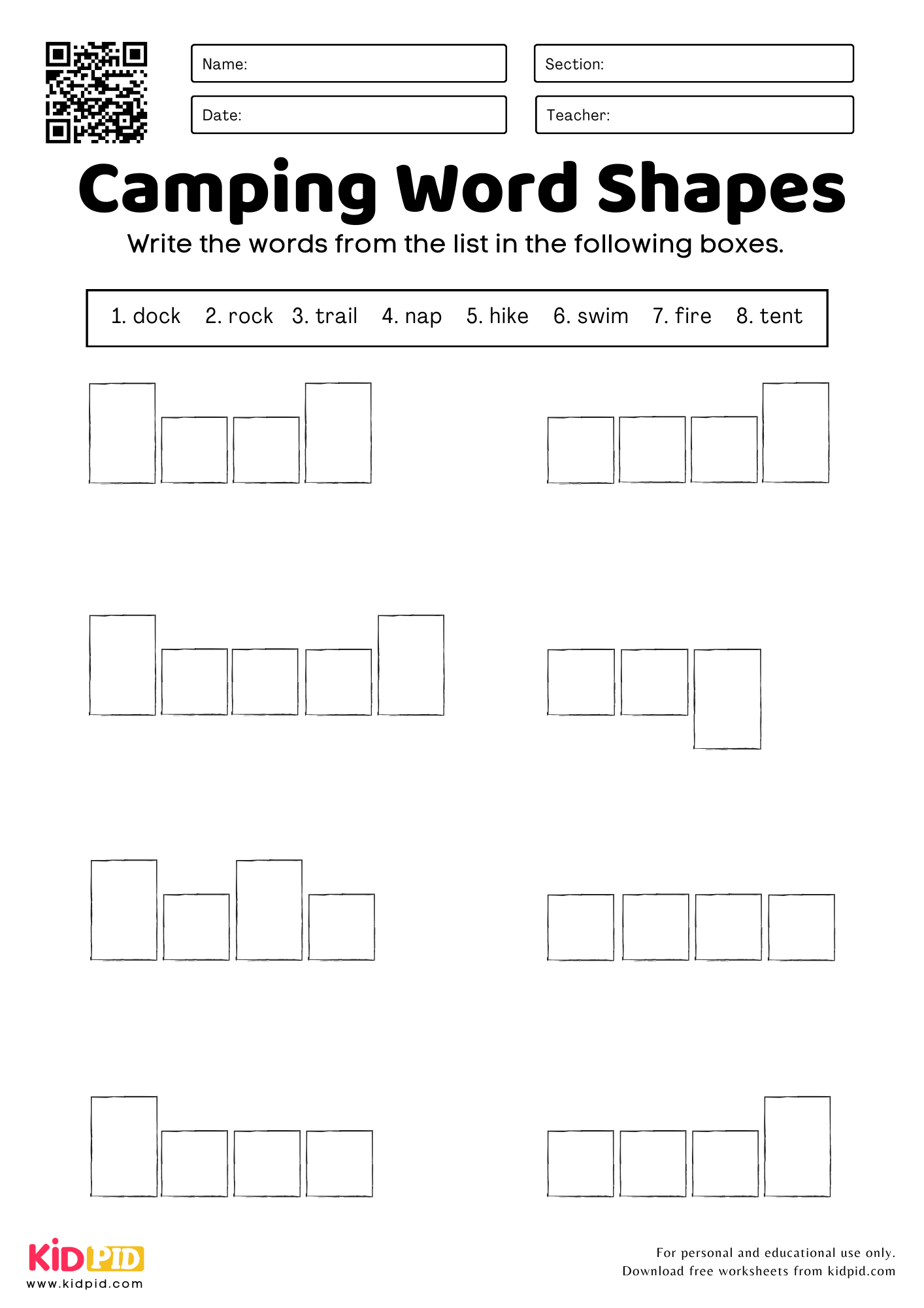 Camping Word Shapes Worksheet For Grade 1 Kidpid