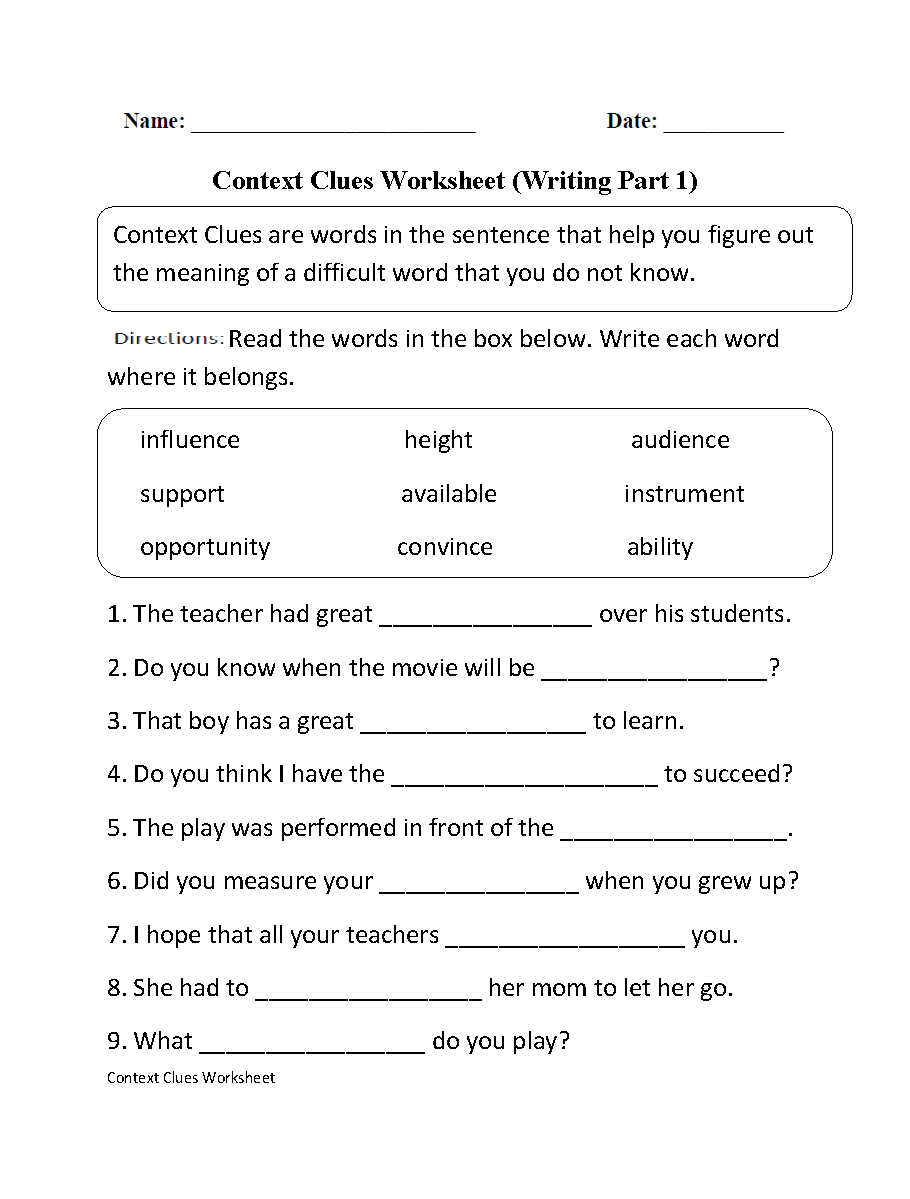 Context Clues Worksheets Context Clues Worksheet Writing Part 1 Intermediate