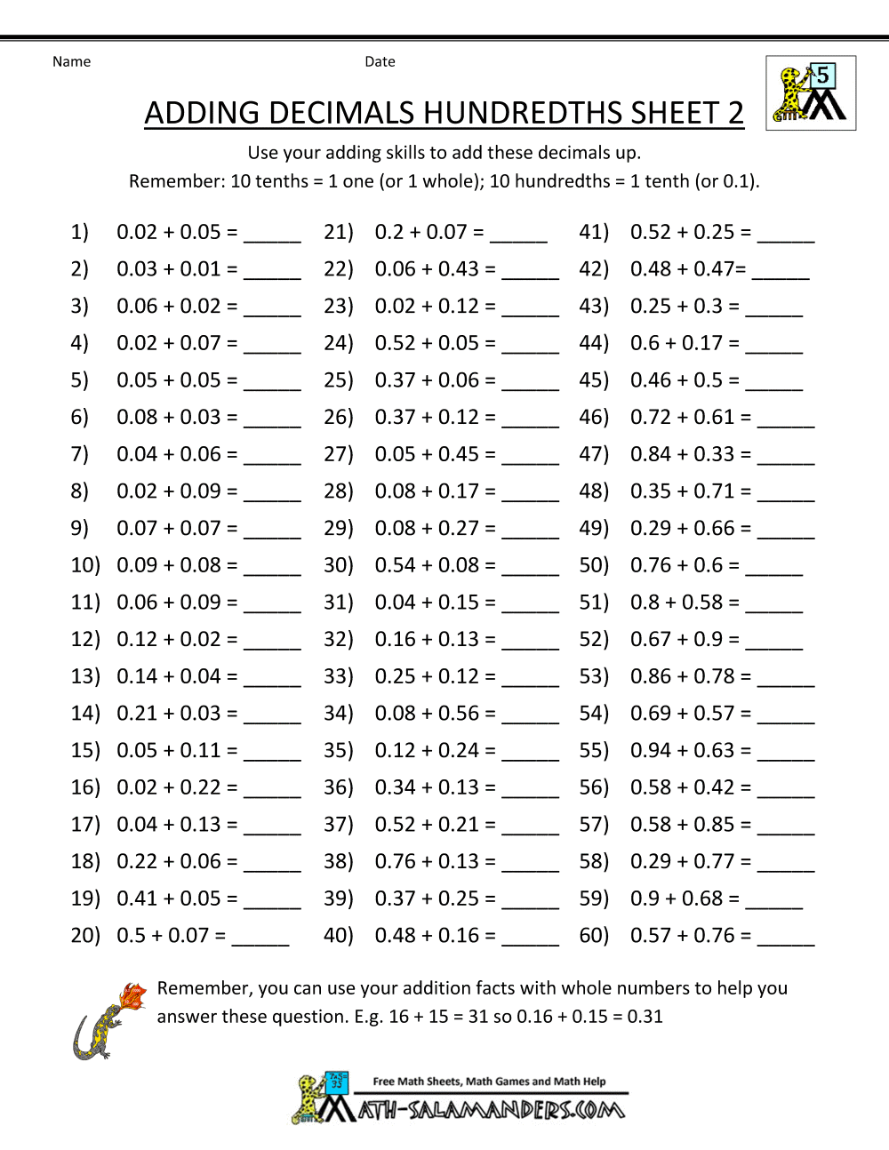 Decimal Addition Worksheets 5th Grade