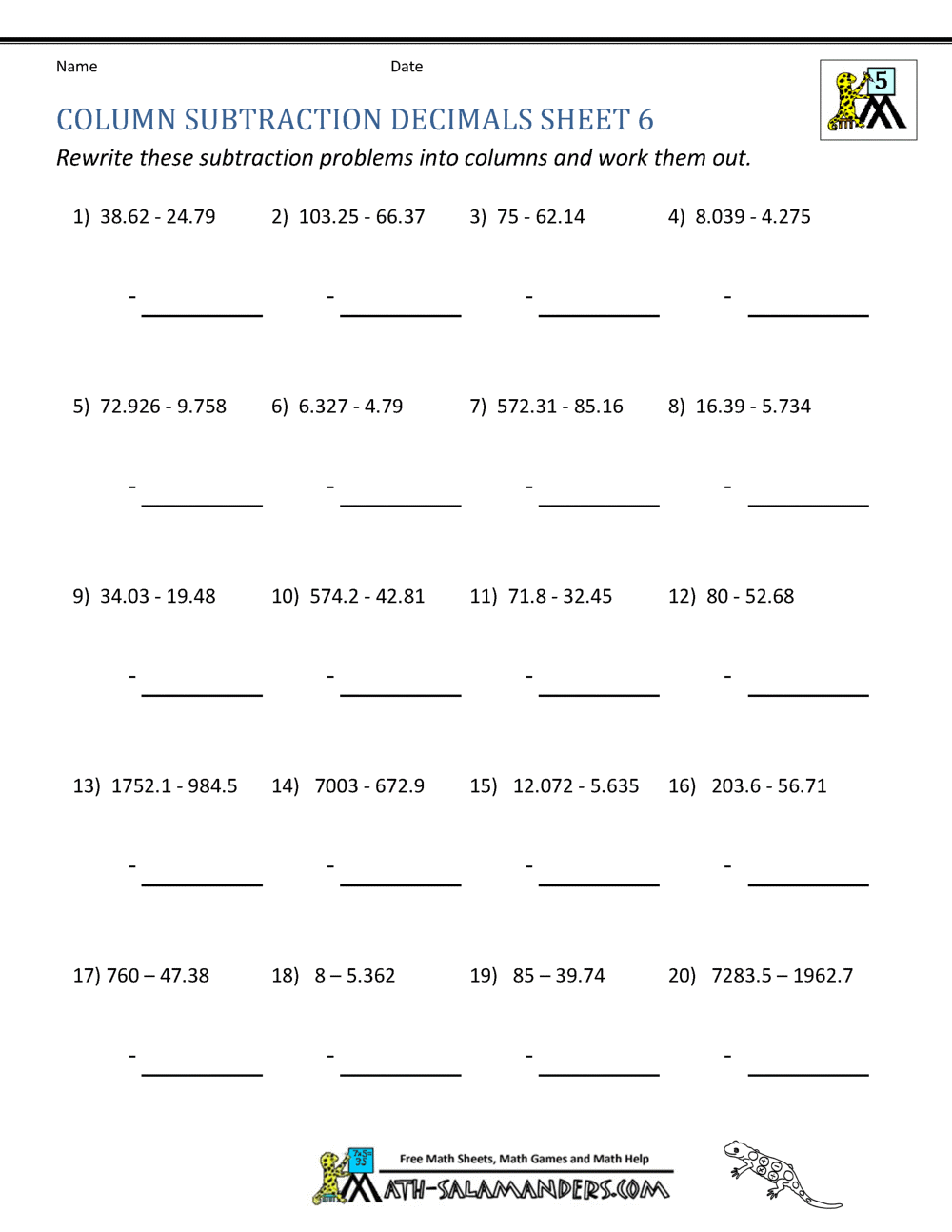 6th Grade Math Worksheets Printable Decimals