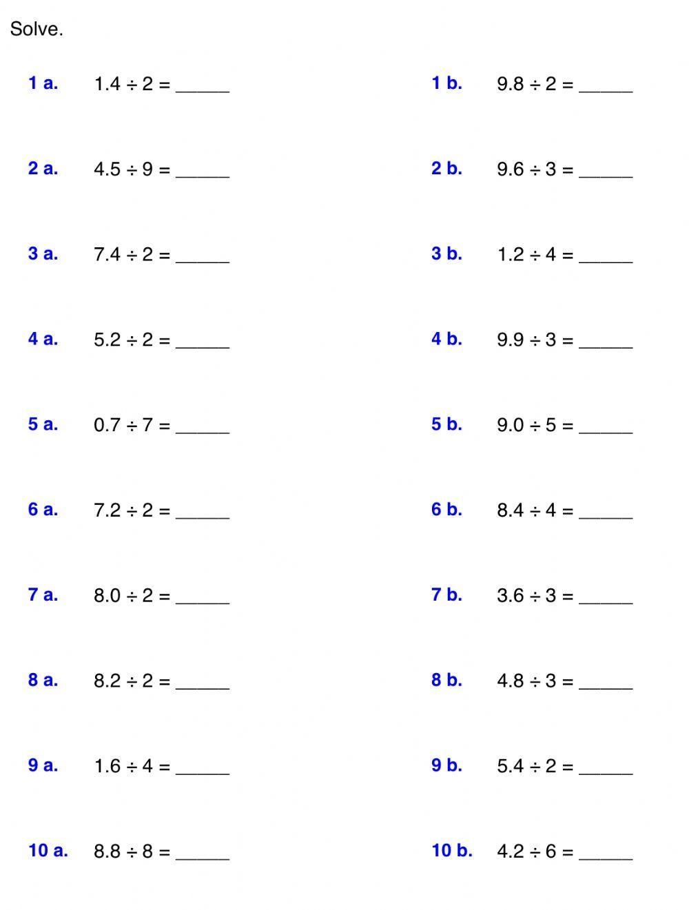 Dividing Decimals Exercise Live Worksheets Worksheets Library