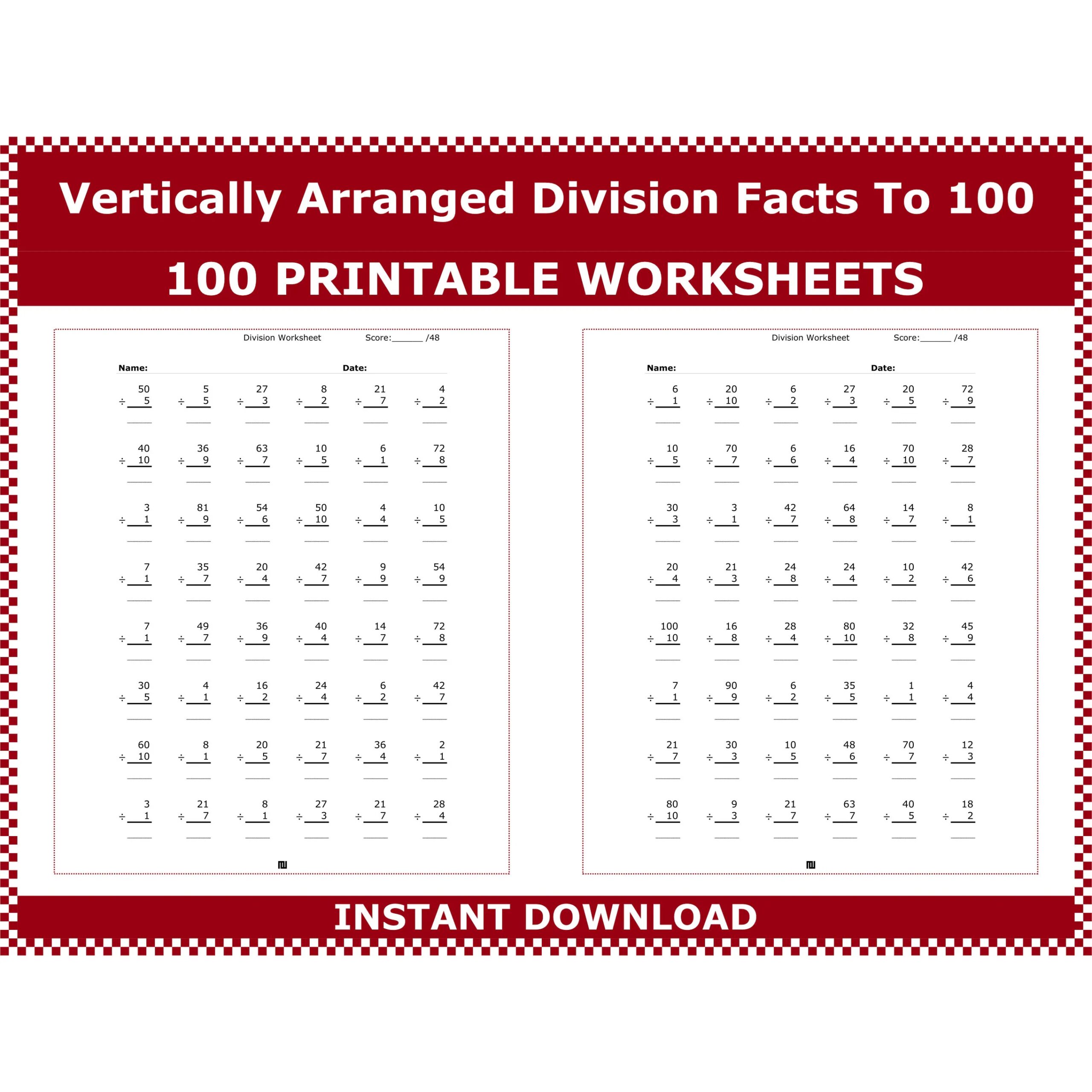 Division Vertically Arranged Division Facts To 100 Vertical Division Worksheets Practice Division 4800 Division Exercises By Acminimalist Etsy