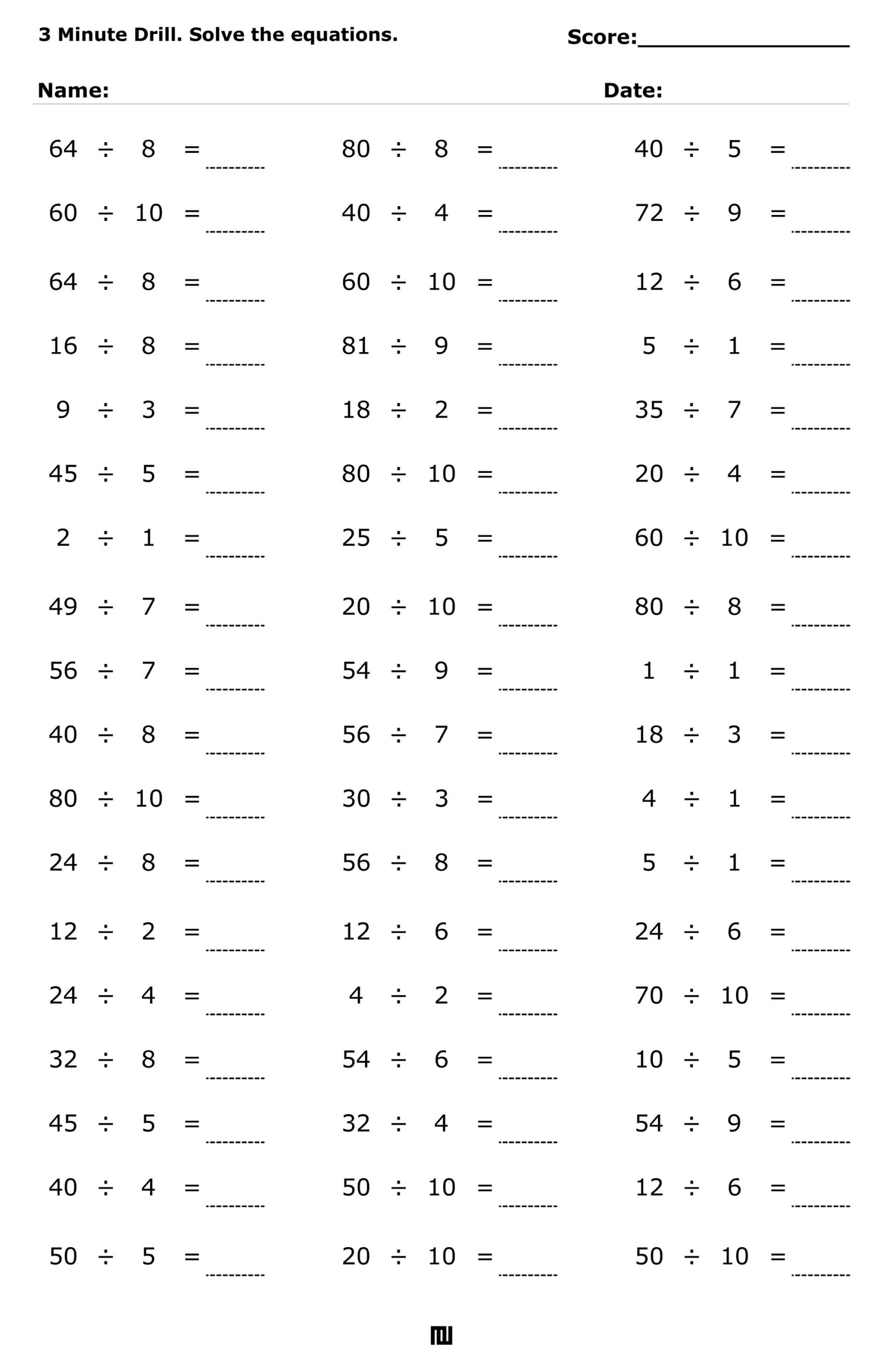 Division Worksheets Solve The Equations 3 Minute Division Drill Worksheets Division Facts Printable 100 Pages By Acminimalist Etsy