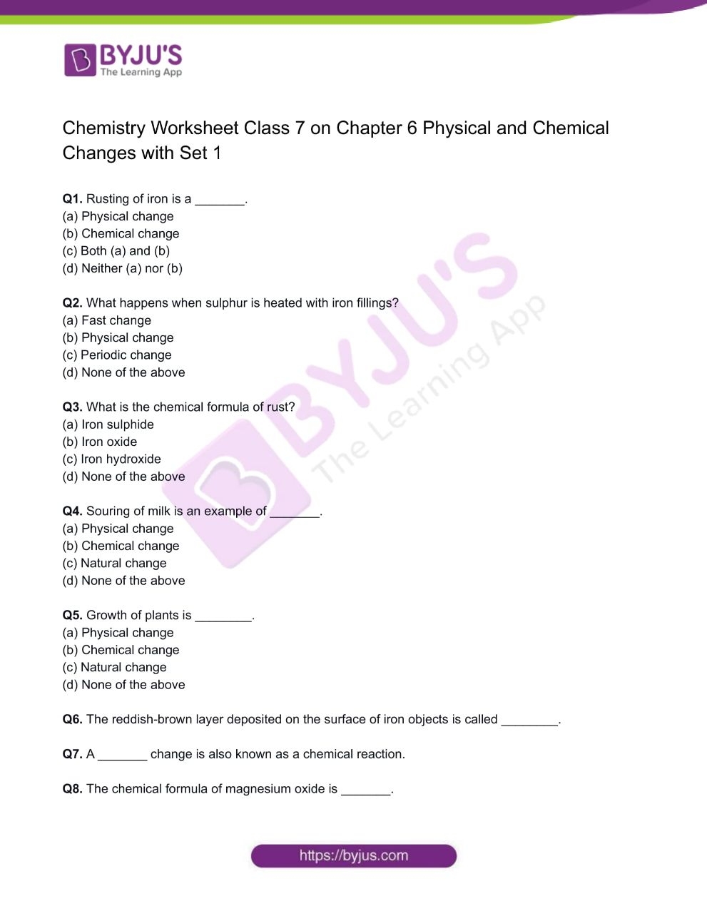 Download Class 7 Chemistry Worksheet On Chapter 6 Physical And Chemical Changes Set 1 PDF