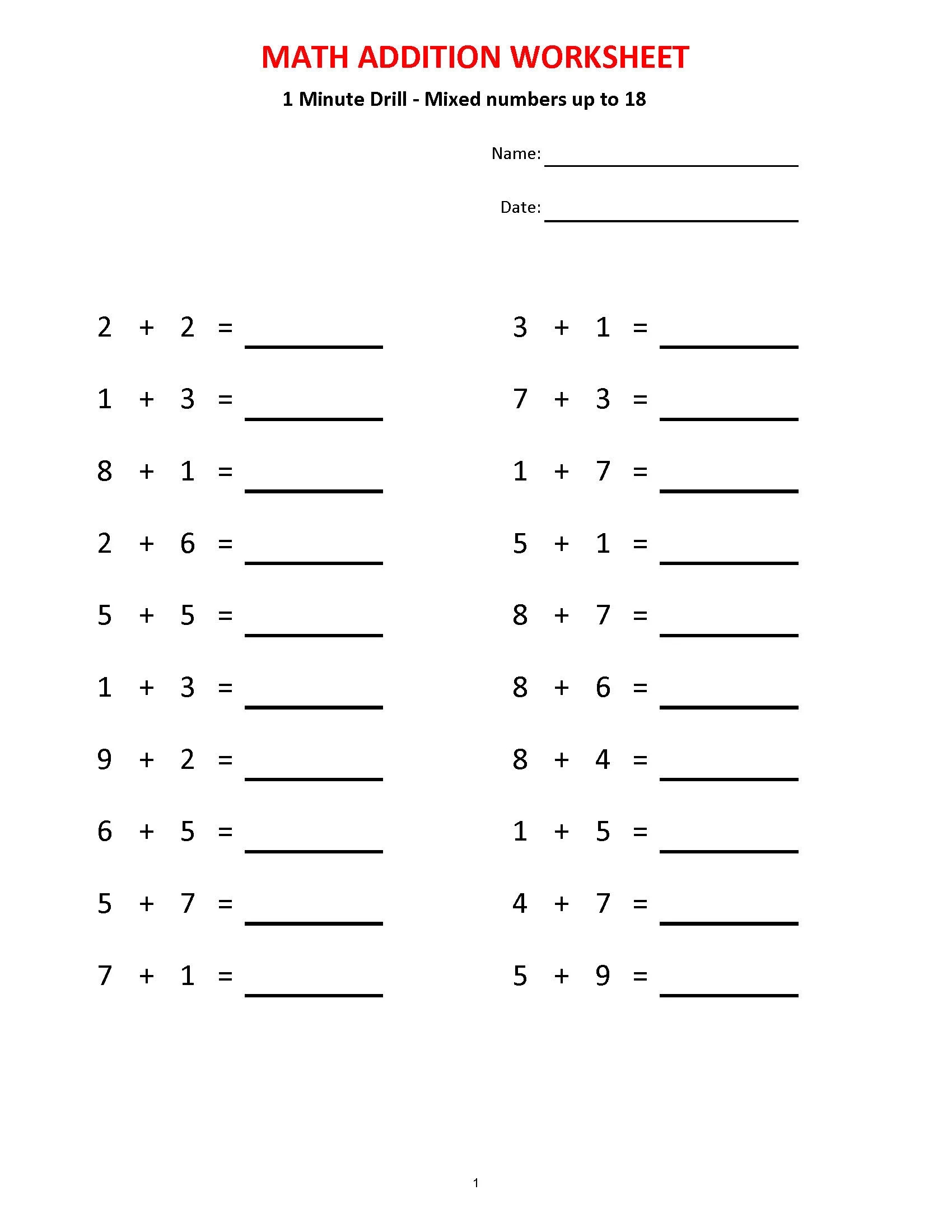 Easy Addition Practice For Kids Addition 1 Minute Drill H 10 Worksheets With Answers Pdf Grade 1 2 3 Printable Addition Worksheets Etsy