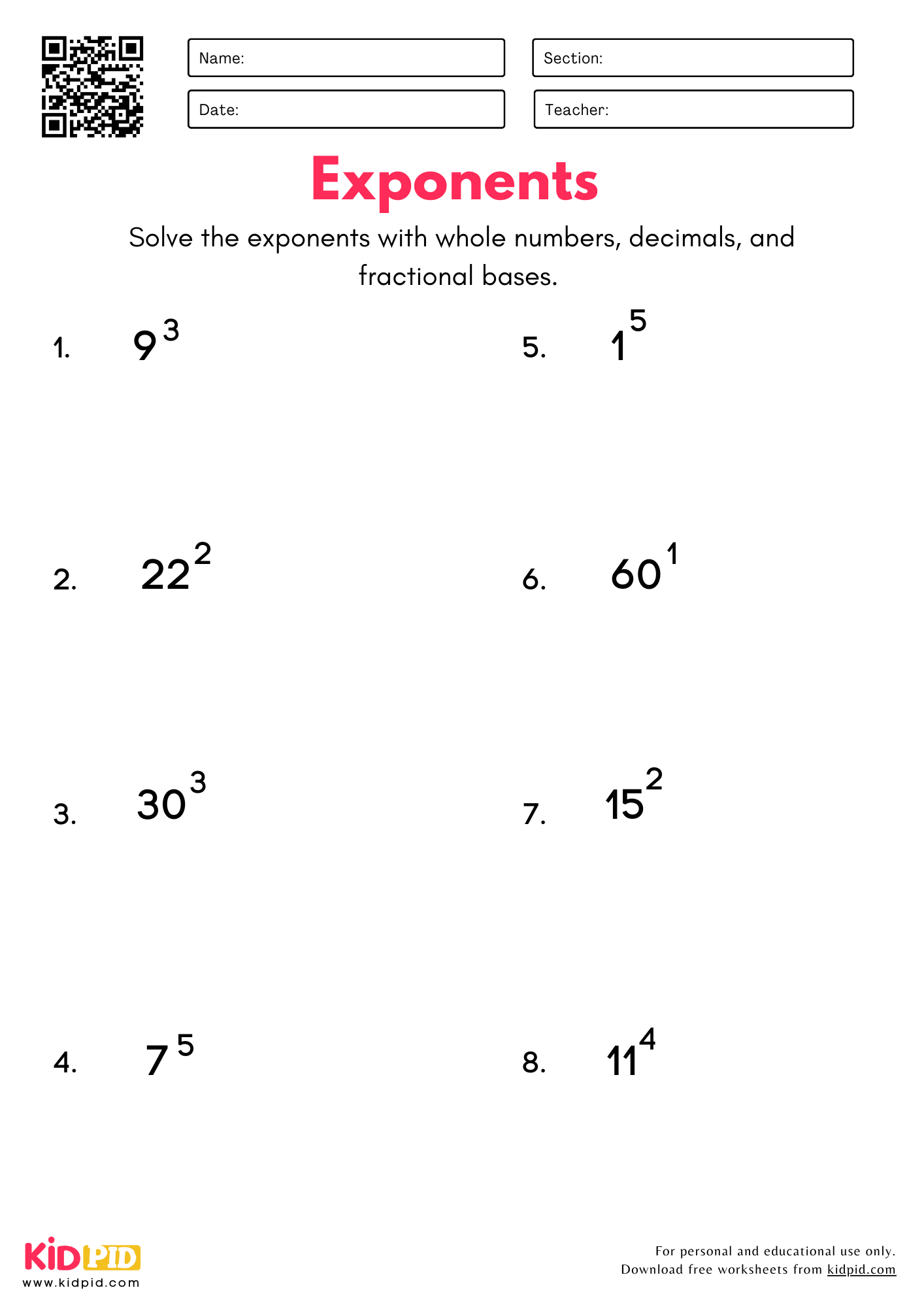 Exponents With Whole Numbers Decimals And Fractional Bases Worksheet For Grade 6 Kidpid