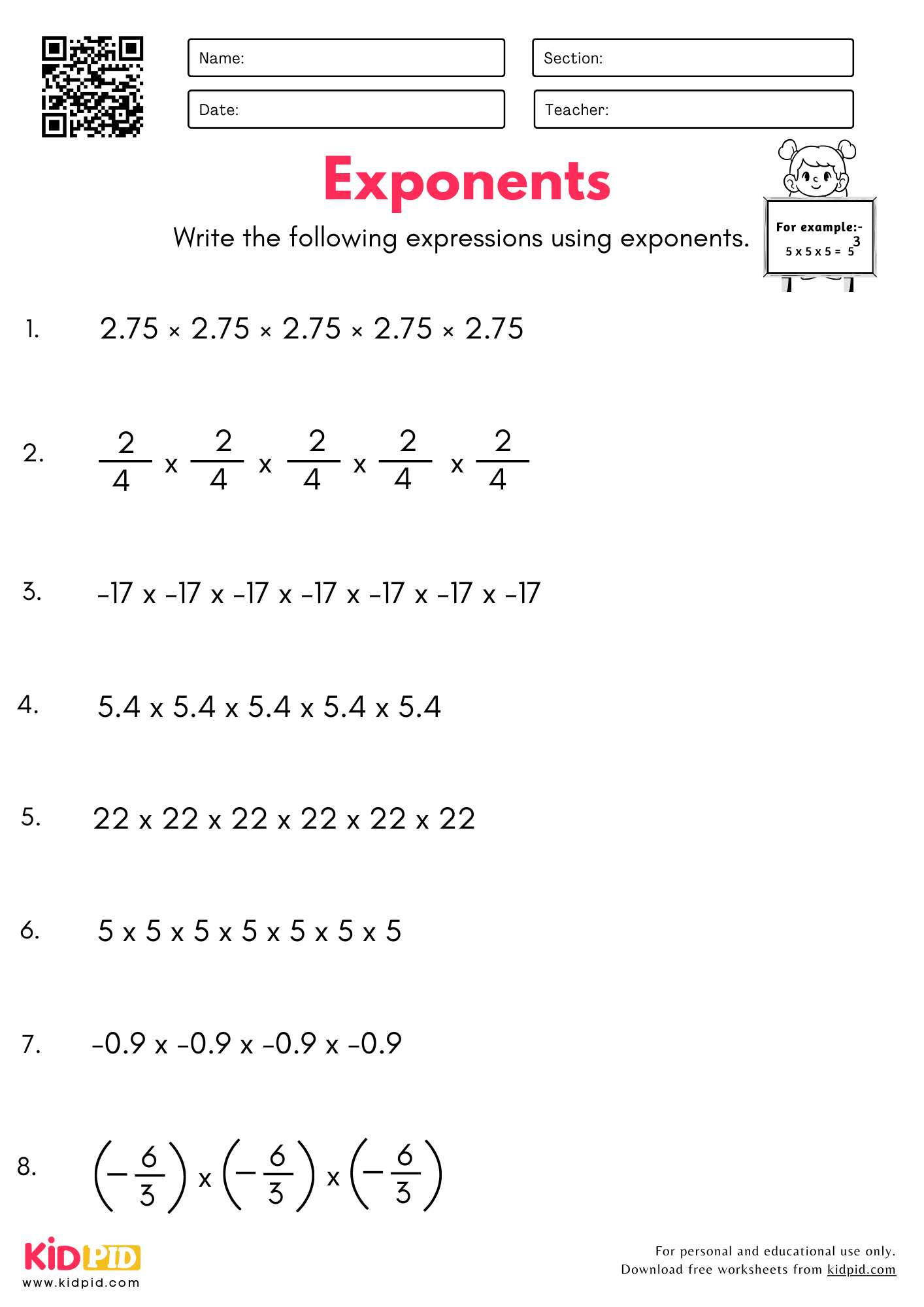 Exponents Worksheet For Grade 6 Kidpid