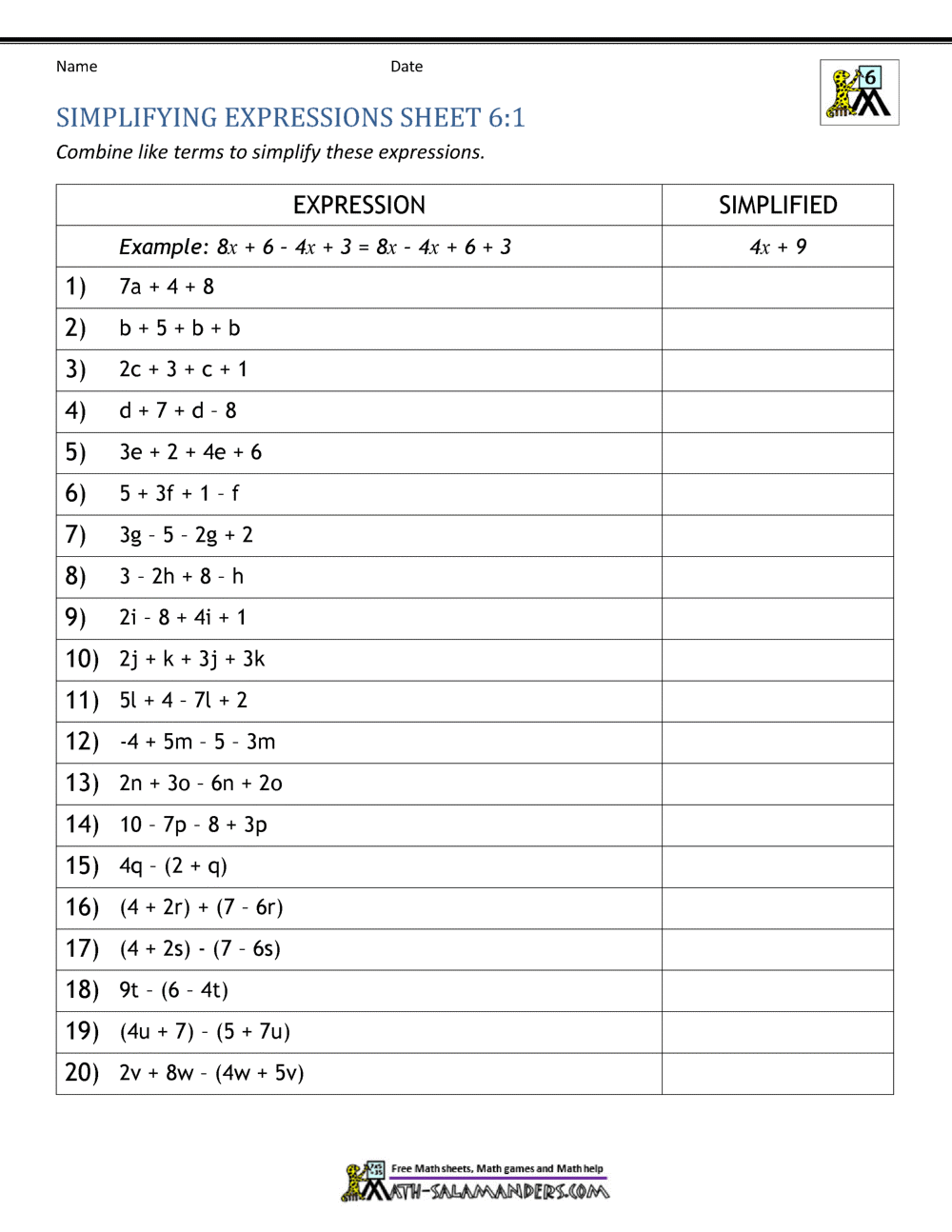 Expressions And Equations 6th Grade