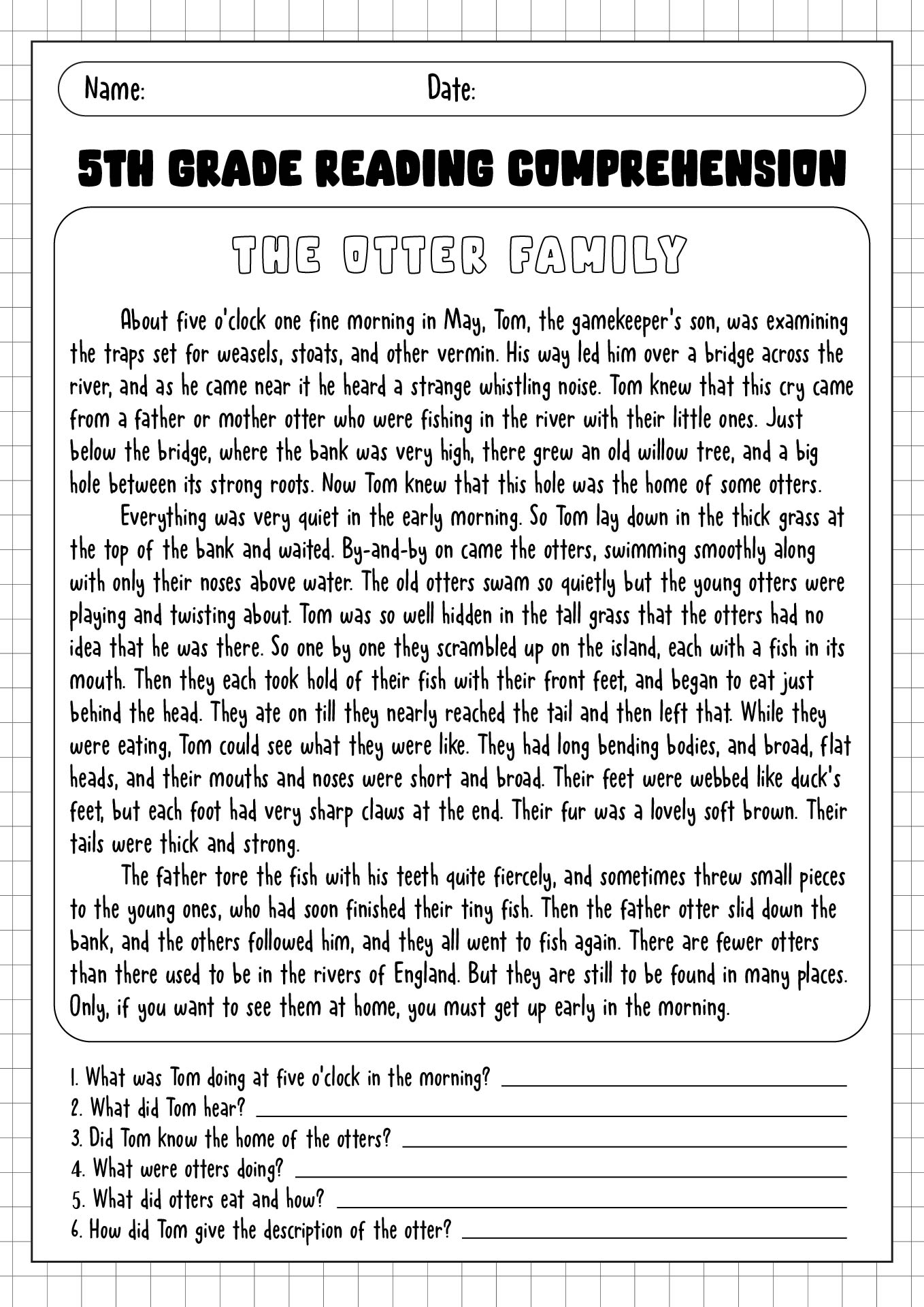 5th Grade Printable Worksheets Reading