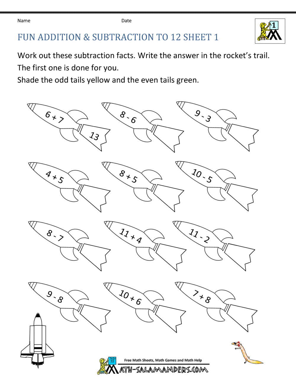 First Grade Addition And Subtraction Facts To 12