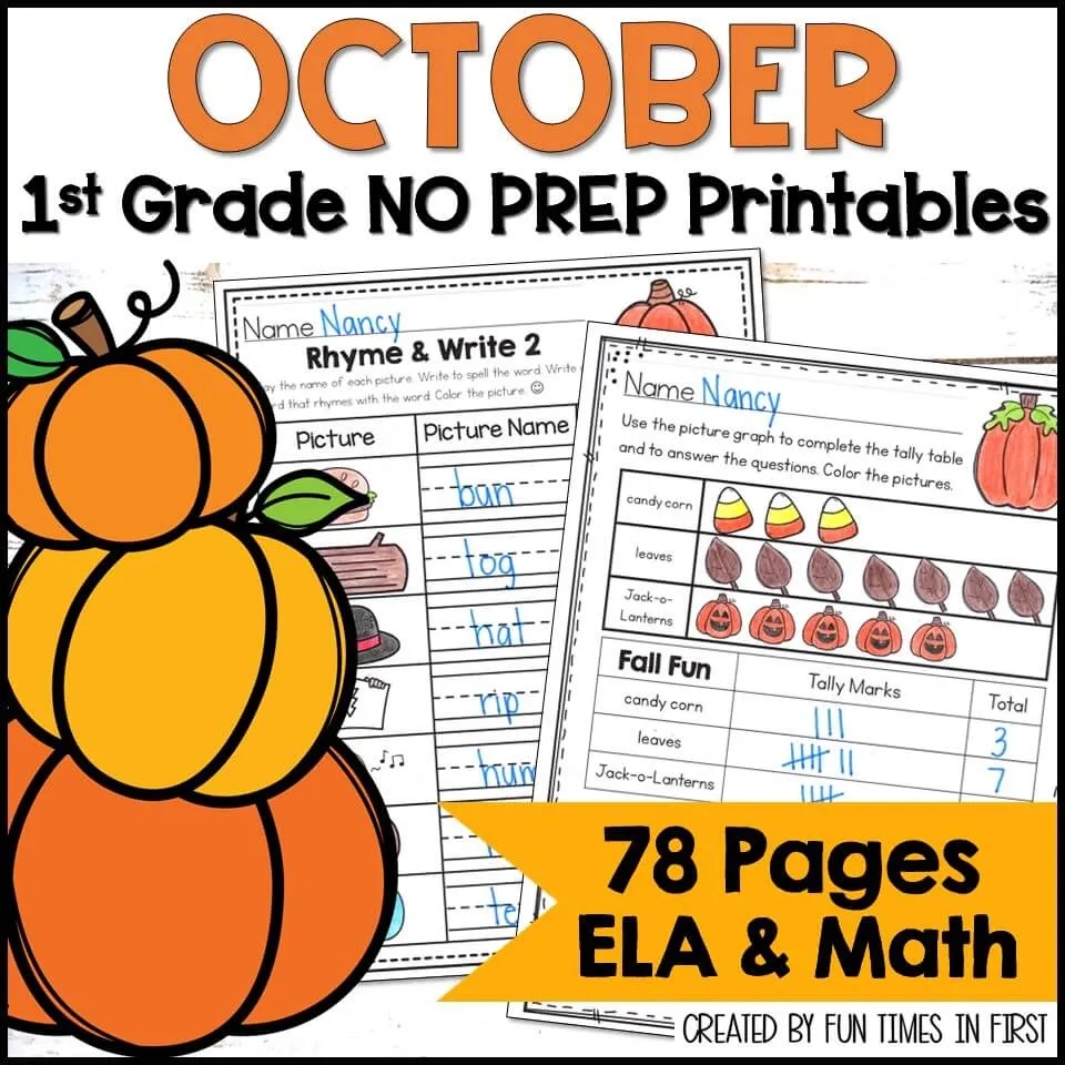 First Grade October No Prep Printables 1st Grade October ELA Math Worksheets Fun Times In First