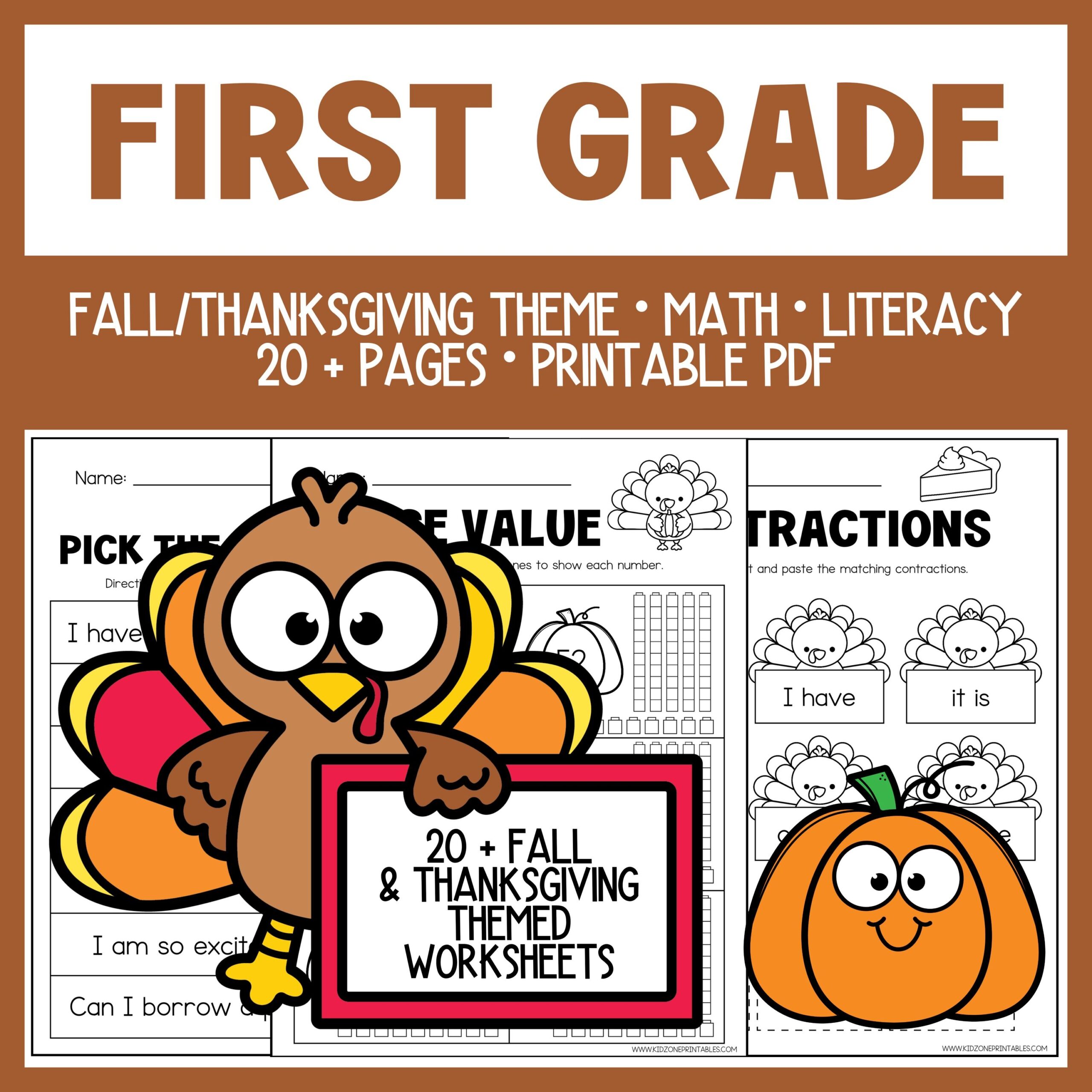 First Grade Worksheets Thanksgiving Theme Printable Homeschool Instant Download Math Literacy Phonics Turkey Craft PDF Etsy