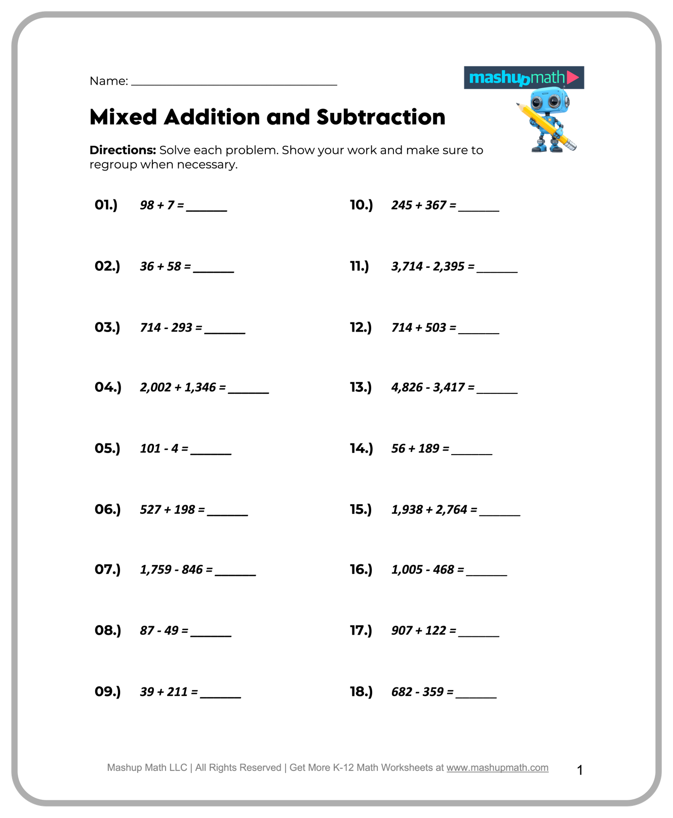 Free 4th Grade Math Worksheets Printable Mashup Math