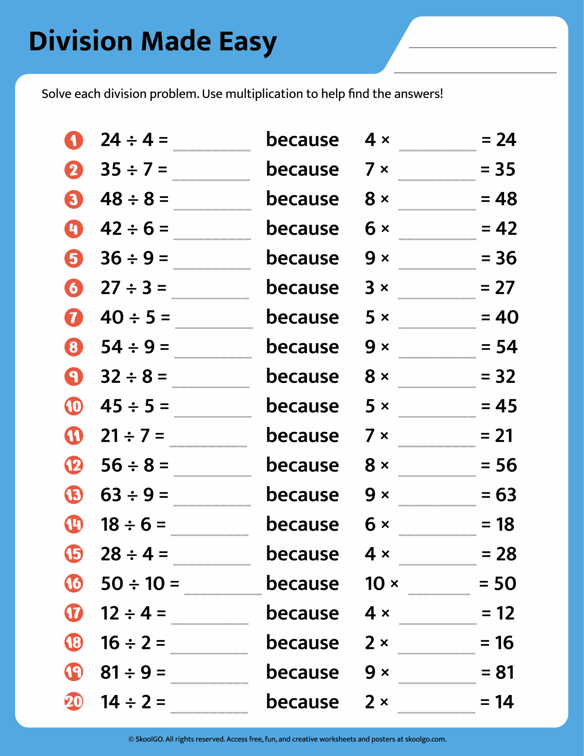 Free Division Worksheet For Grades 2 4 SKOOLGO