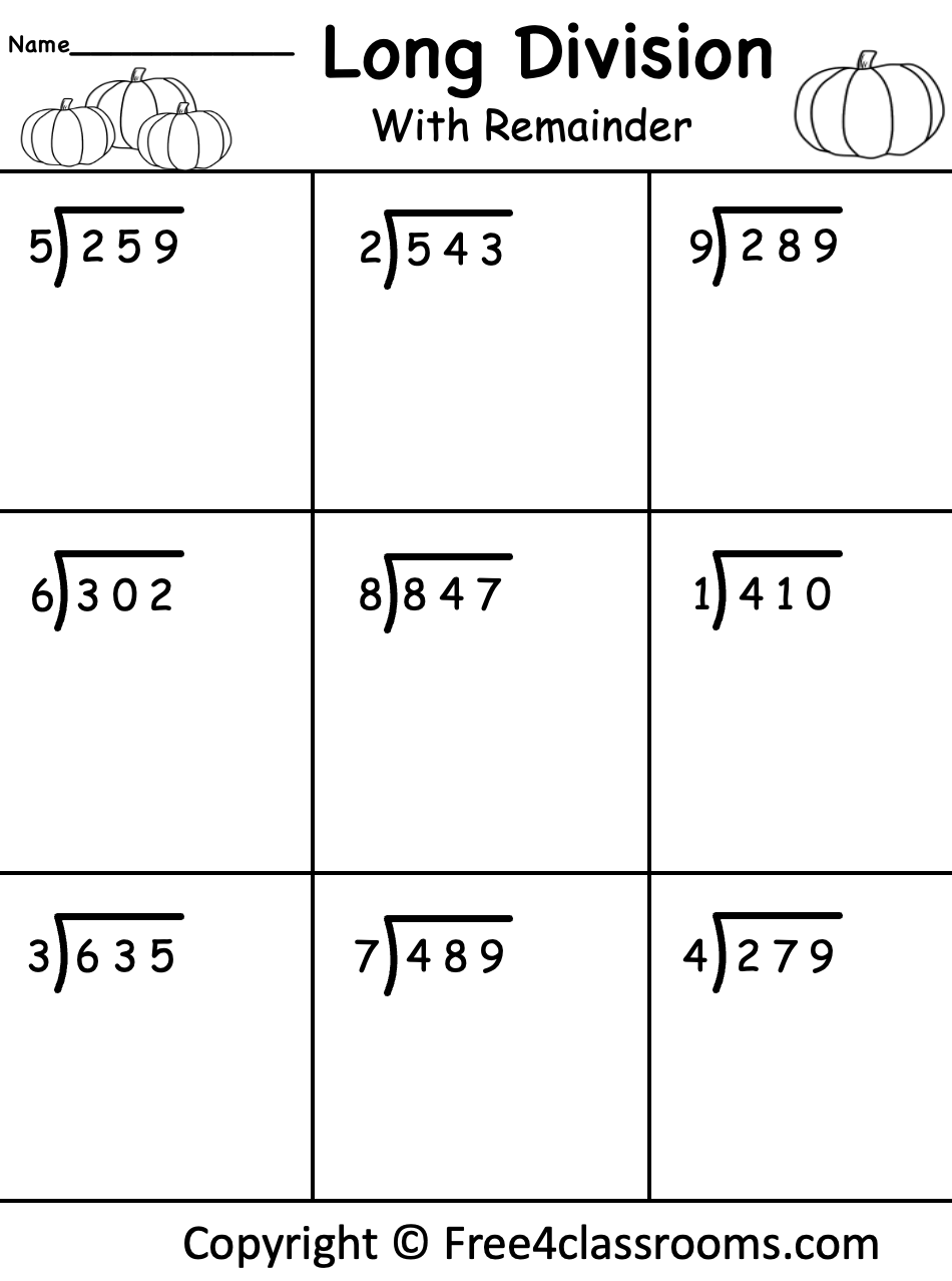 Free Long Division Worksheet 3 Digits By 1 With Remainder Halloween Free Worksheets Free4Classrooms