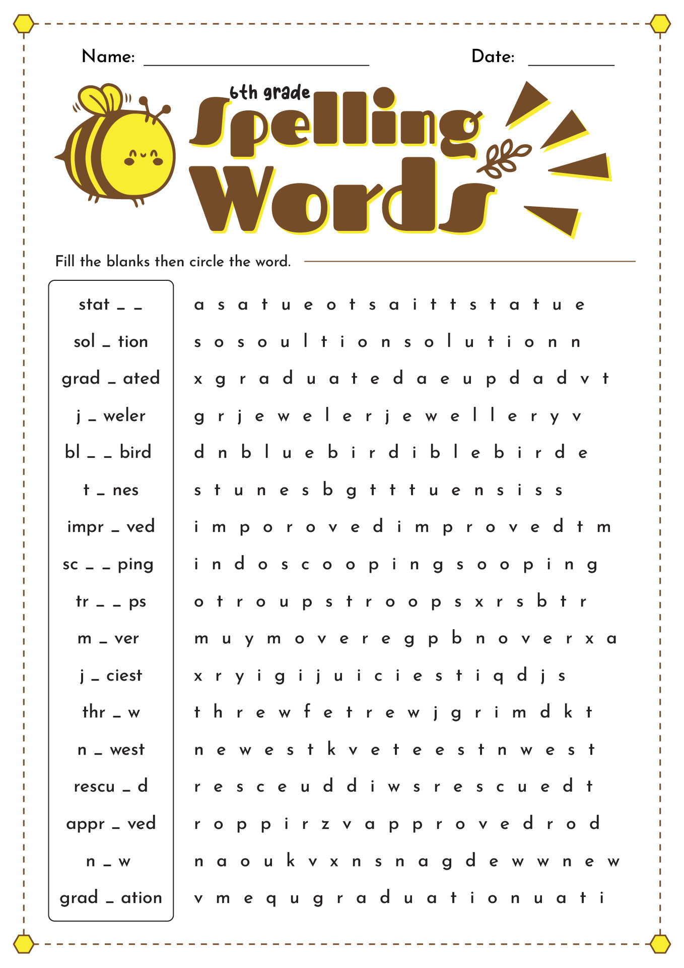 6th Grade Free Printable Worksheets Spelling