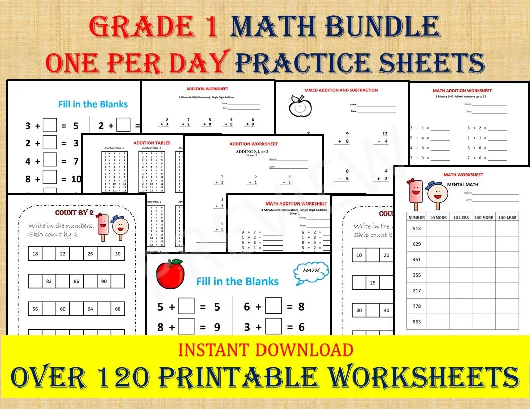 GRADE 1 MATH Workbook One Per Day 120 Math Worksheets 1st Grade Math Printable Worksheets Homeschool Math Facts Montessori Kumon Etsy