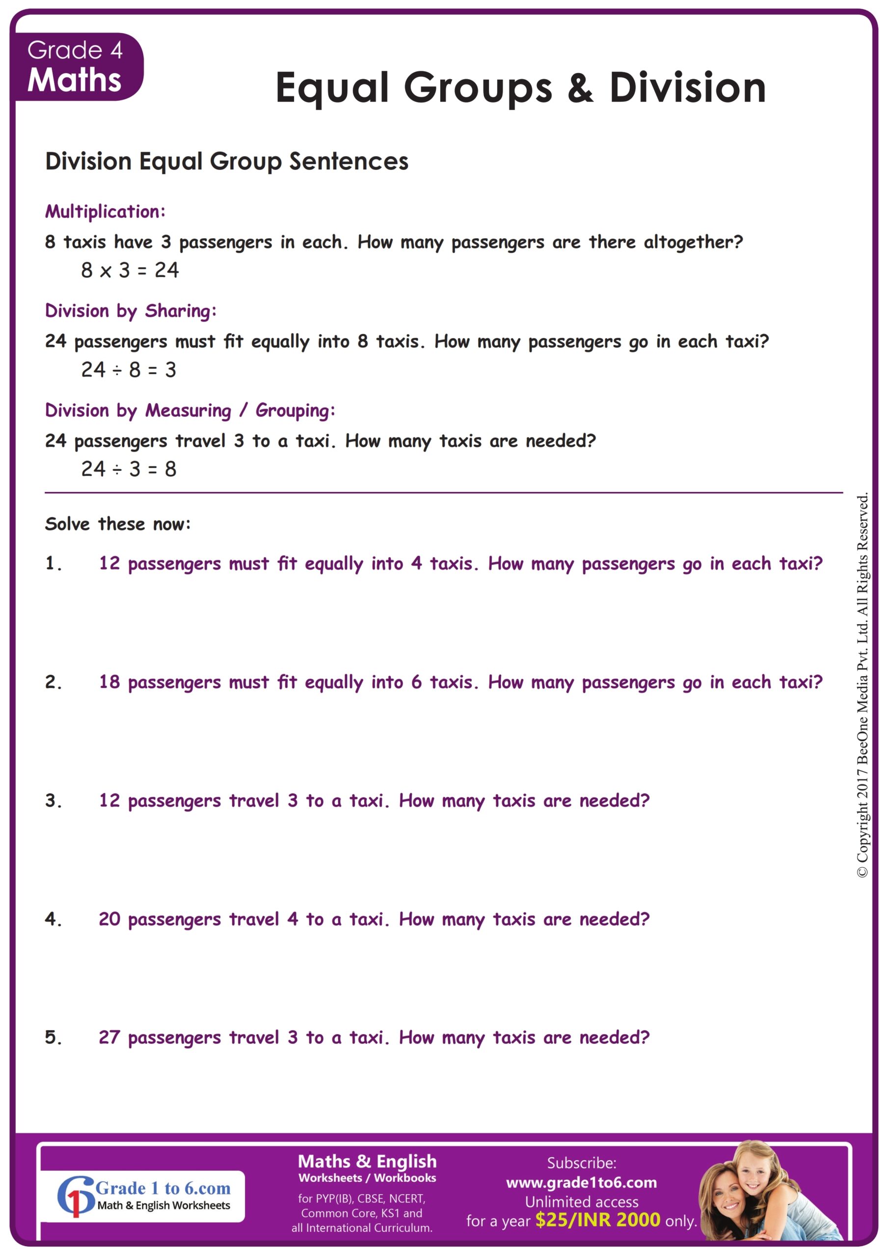 Grade 4 Worksheet For Equal Groups And Division