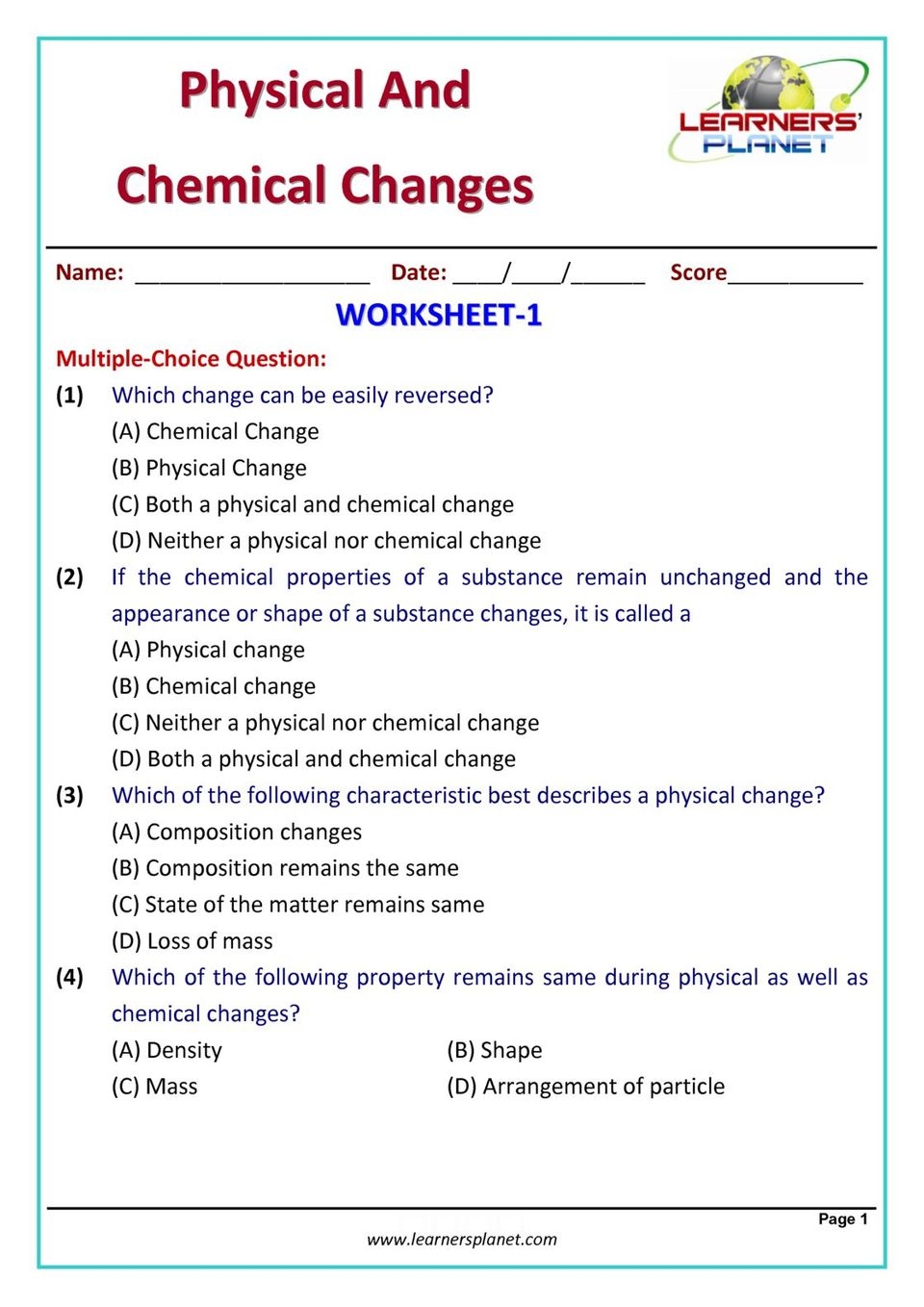 Grade 7 Science Olympiad Physical Chemical Changes Magazine Worksheets Library
