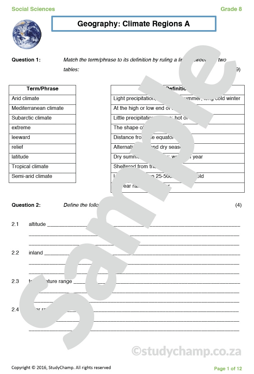 Grade 8 Geography Test Climate Regions 1 Worksheets Library