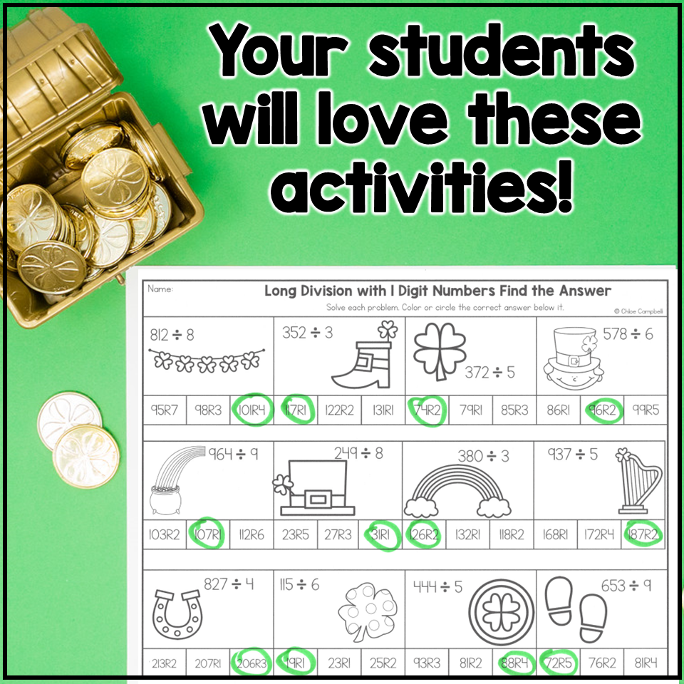 Long Division With Remainders Color By Number St Patrick s Day Math Worksheets