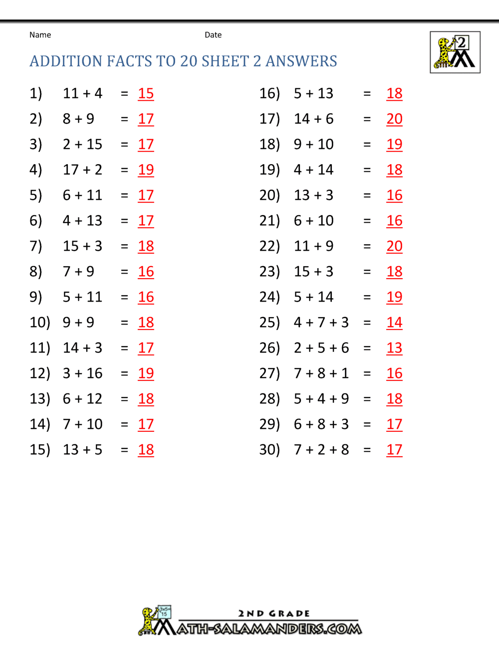Math Addition Facts To 20