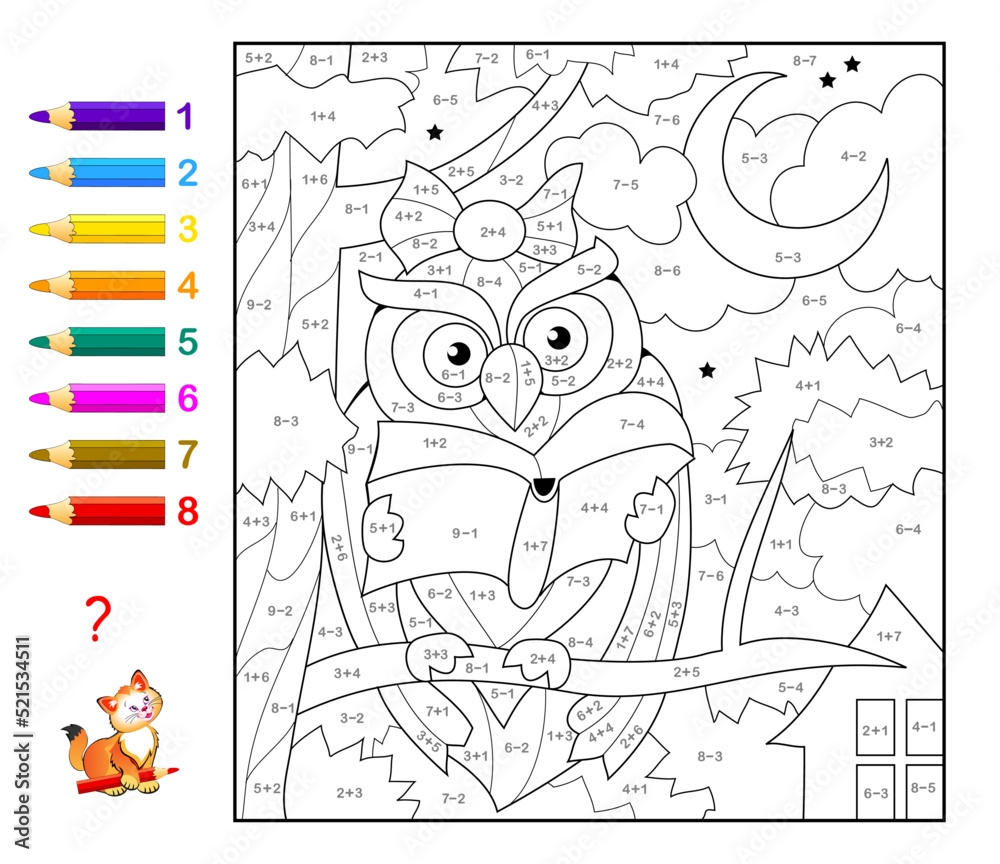 Math Education For Little Children Coloring Book Mathematical Exercises On Addition And Subtraction Solve Examples And Paint The Owl Developing Counting Skills Worksheet For Kids Activity Sheet Stock Vector Adobe Stock