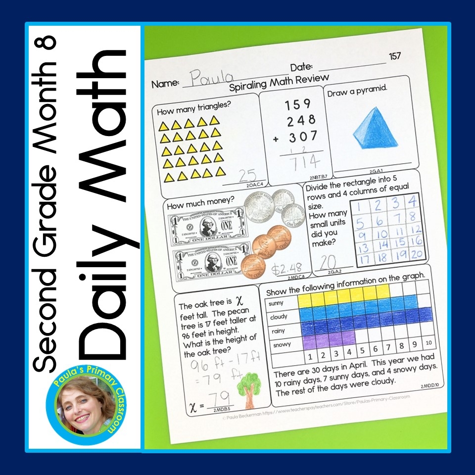 Math Spiral Review 2nd Grade Daily Worksheets Morning Work Homework Month 8 Made By Teachers