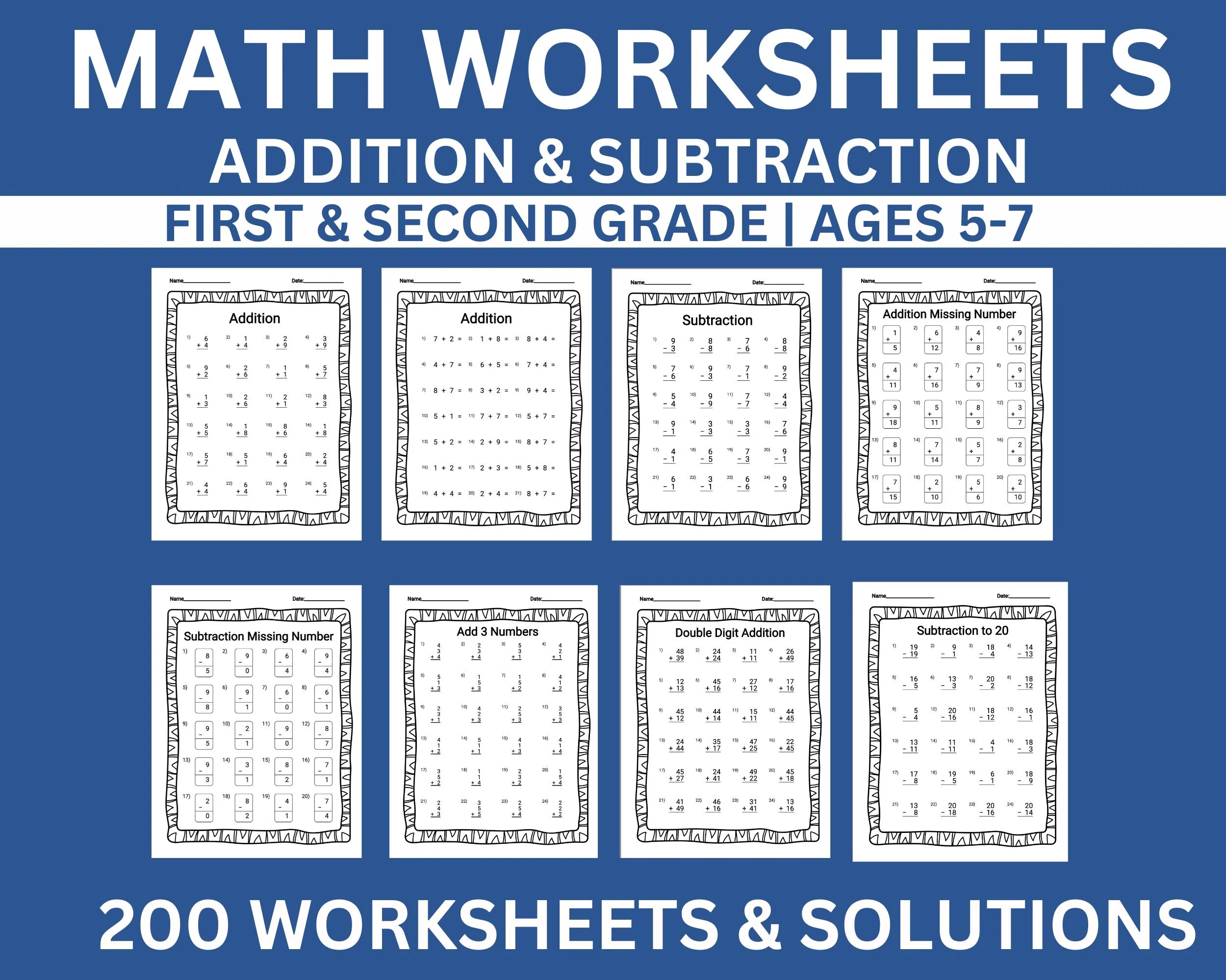 Math Worksheets Addition And Subtraction First Grade Second Grade Printable Math Drills Practice Etsy