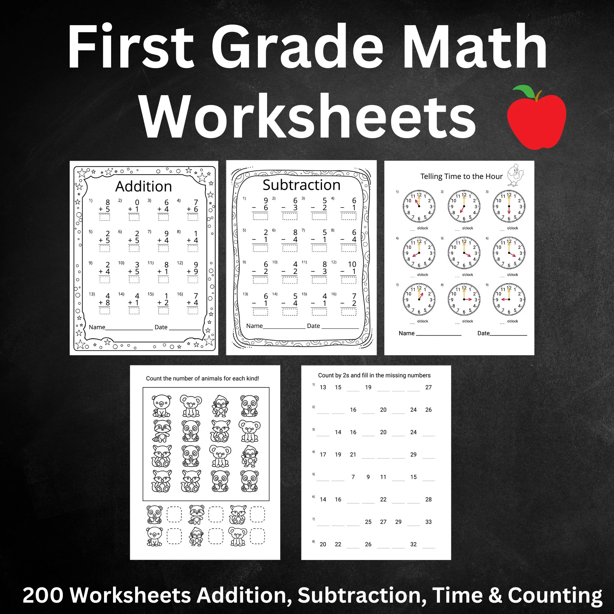 Math Worksheets For 1st Graders Addition And Subtraction Worksheet Math Practice Sheets Telling Time Counting Worksheet Grade 2 Etsy