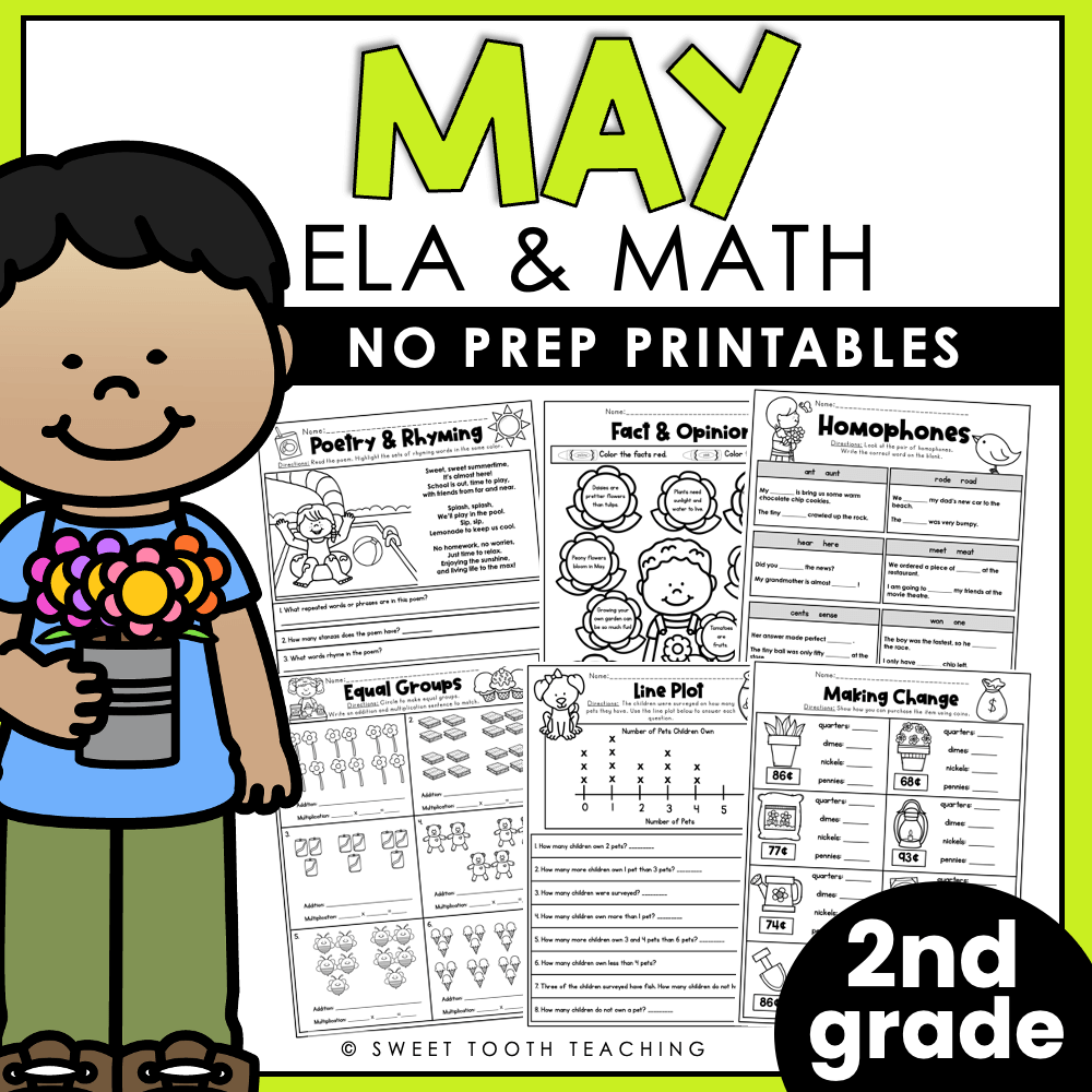 May No Prep Pack 2nd Grade Review Worksheets ELA Grammar Reading Math Shop Sweet Tooth Teaching