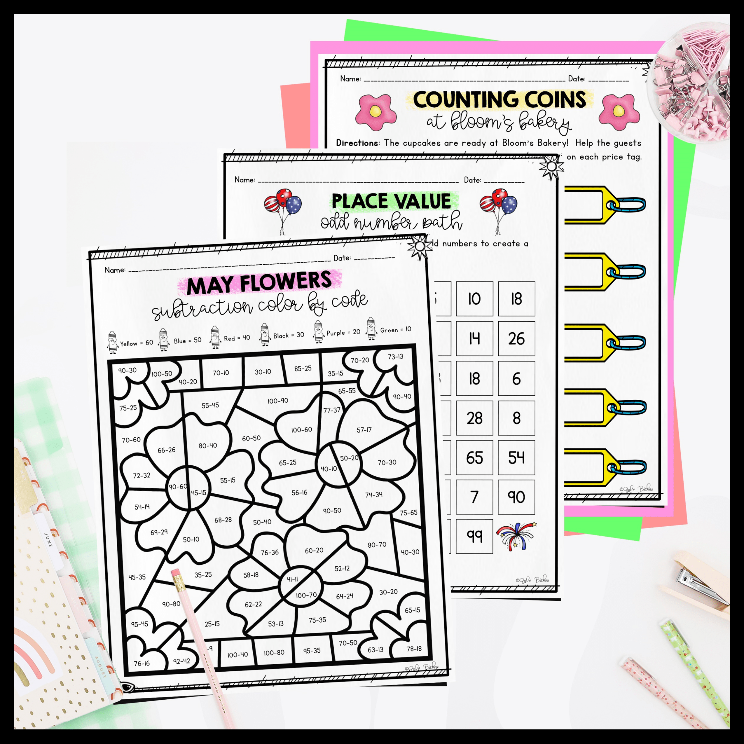 May Themed Math Practice 2nd Grade MagiCore