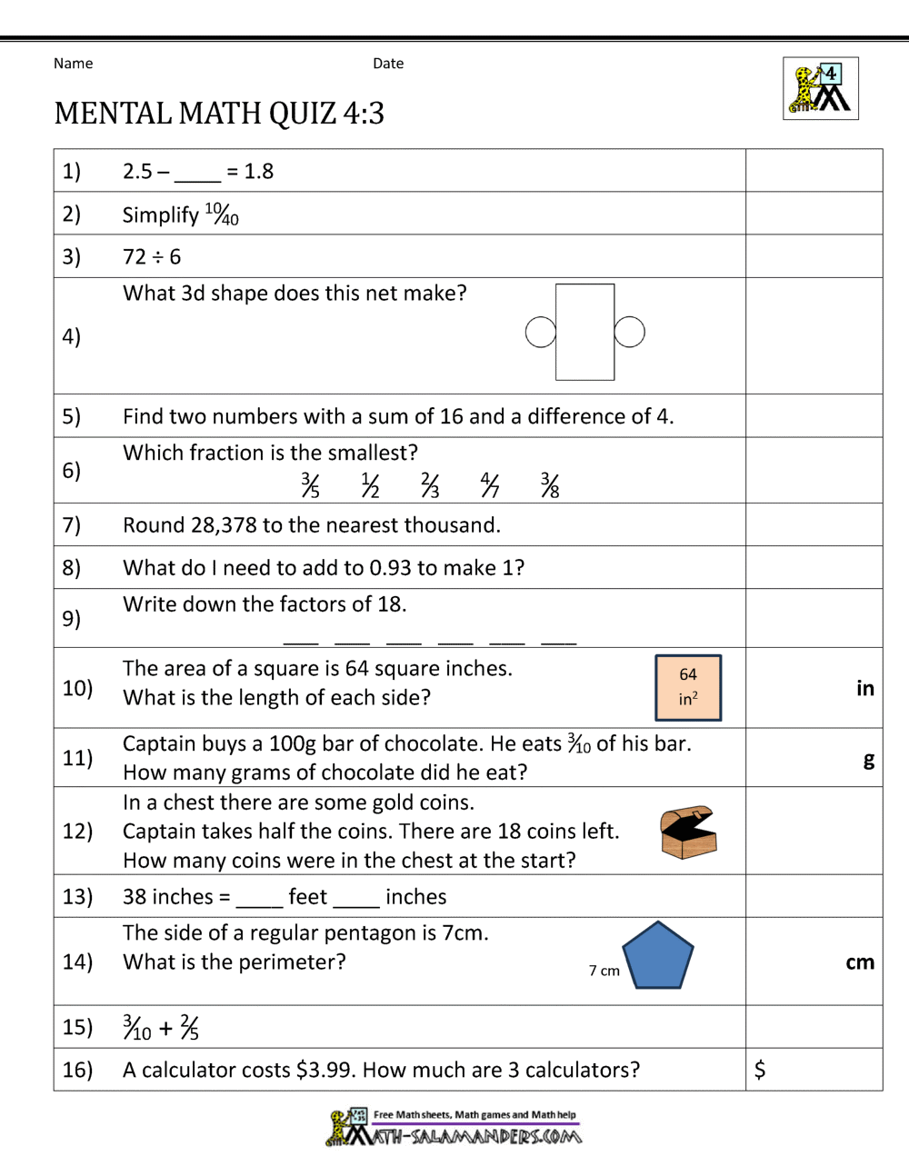 Mental Math 4th Grade