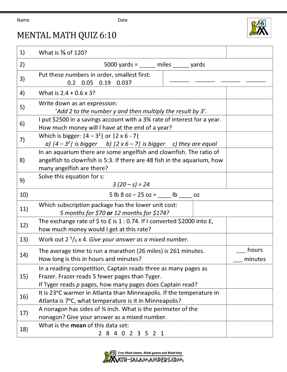 Mental Math 6th Grade
