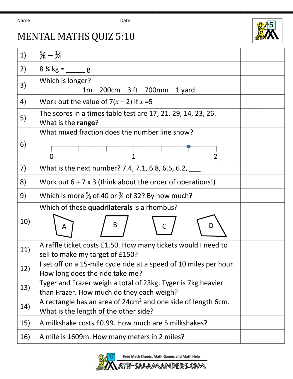 Mental Maths Practise Year 5 Worksheets