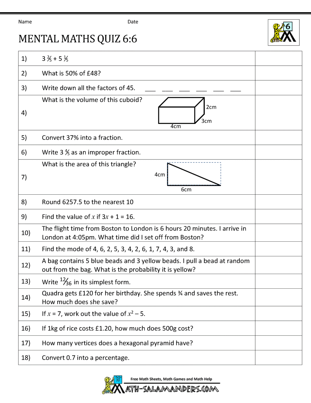 Mental Maths Tests Year 6 Worksheets