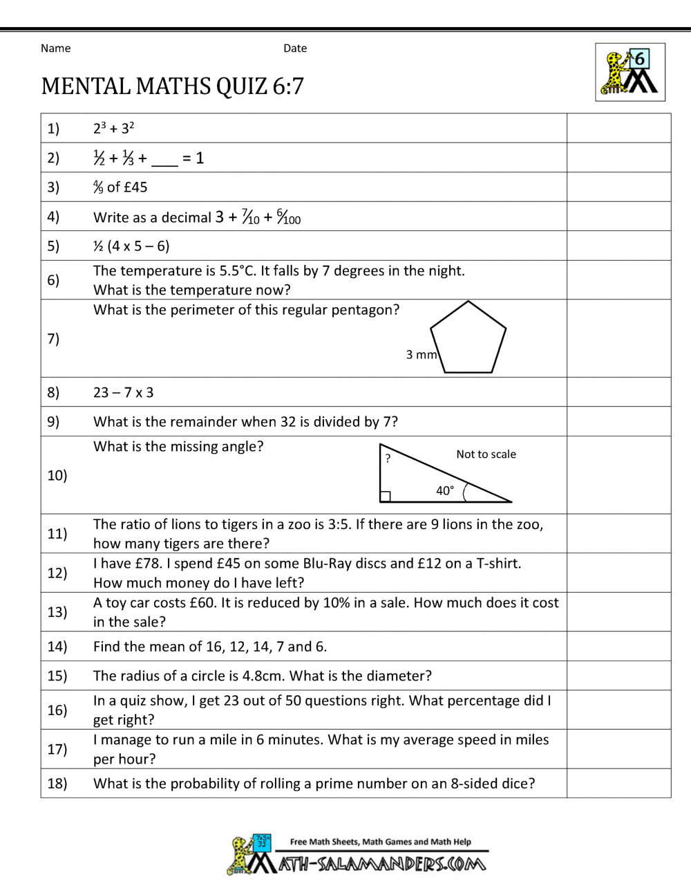 Mental Maths Tests Year 6 Worksheets