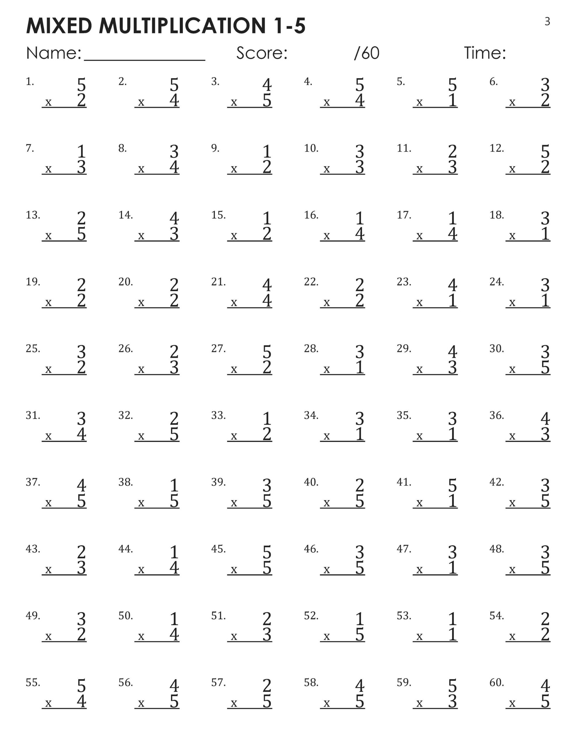 Mixed Multiplication Facts 1 5 Timed Tests Worksheets Etsy